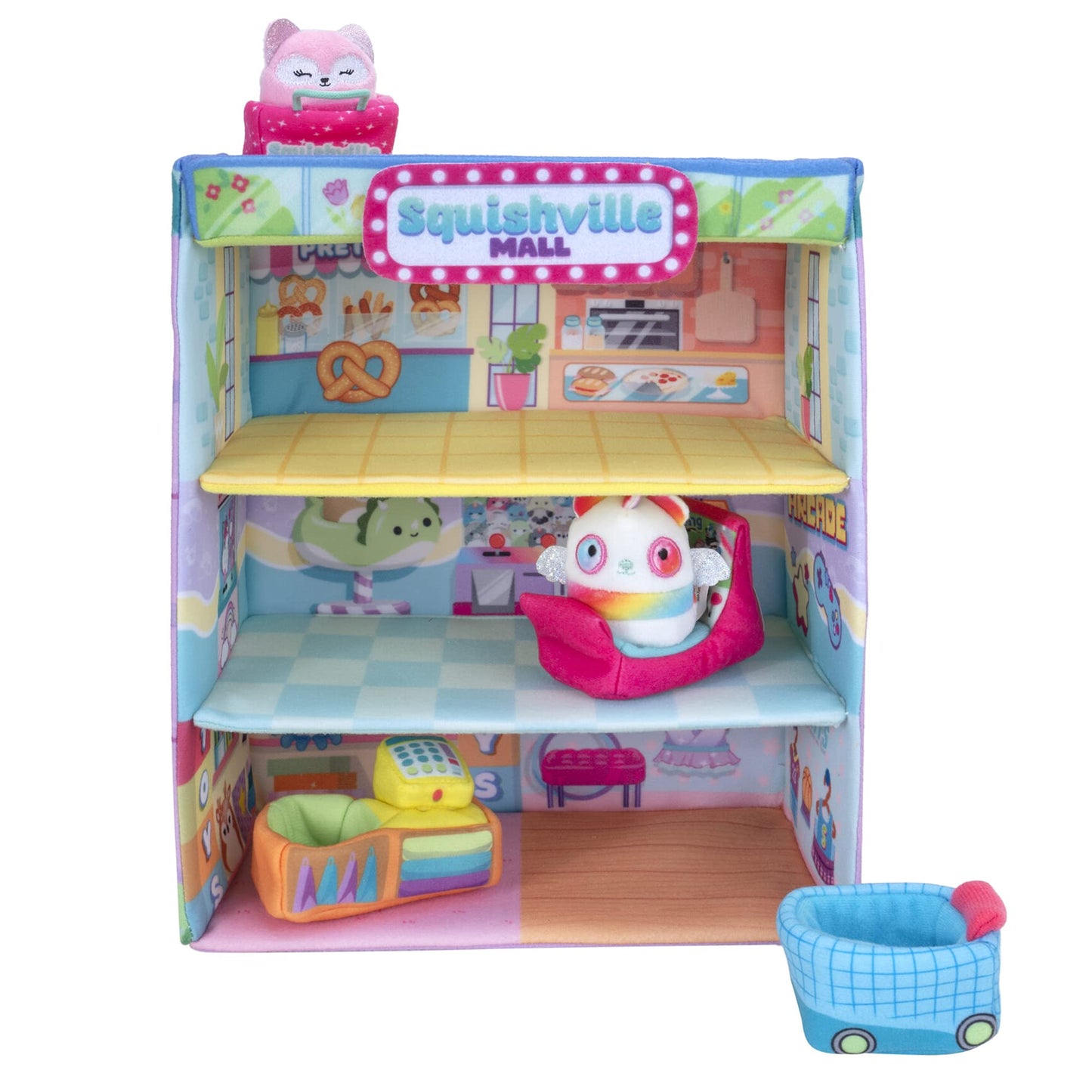 Squishville Squishmallows Mall-Two 2-Inch Mini Plush Characters,Themed Play Scene,4 Accessories (Shopping Bag/Cart,Cash Register,Arcade