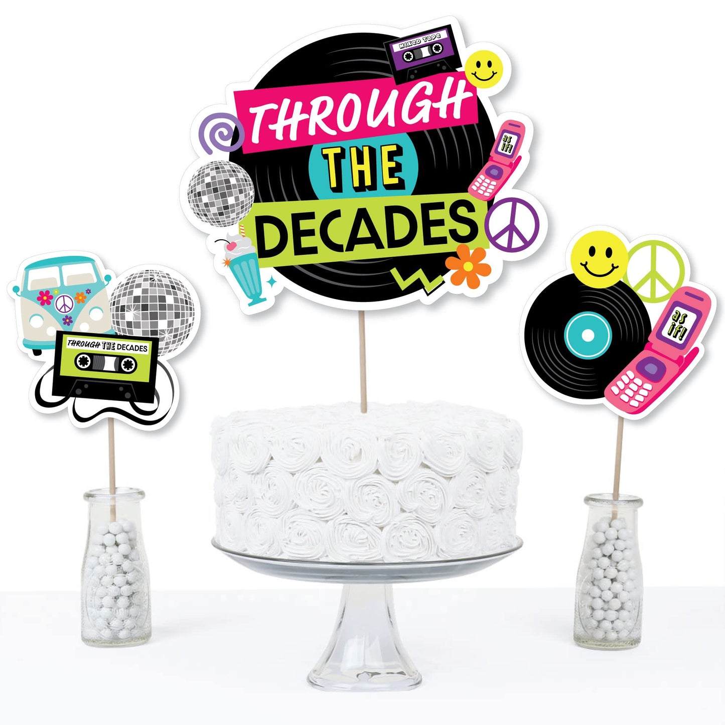 Big Dot of Happiness Through the Decades - 50s, 60s, 70s, 80s, and 90s Party Centerpiece Sticks - Table Toppers - Set of 15