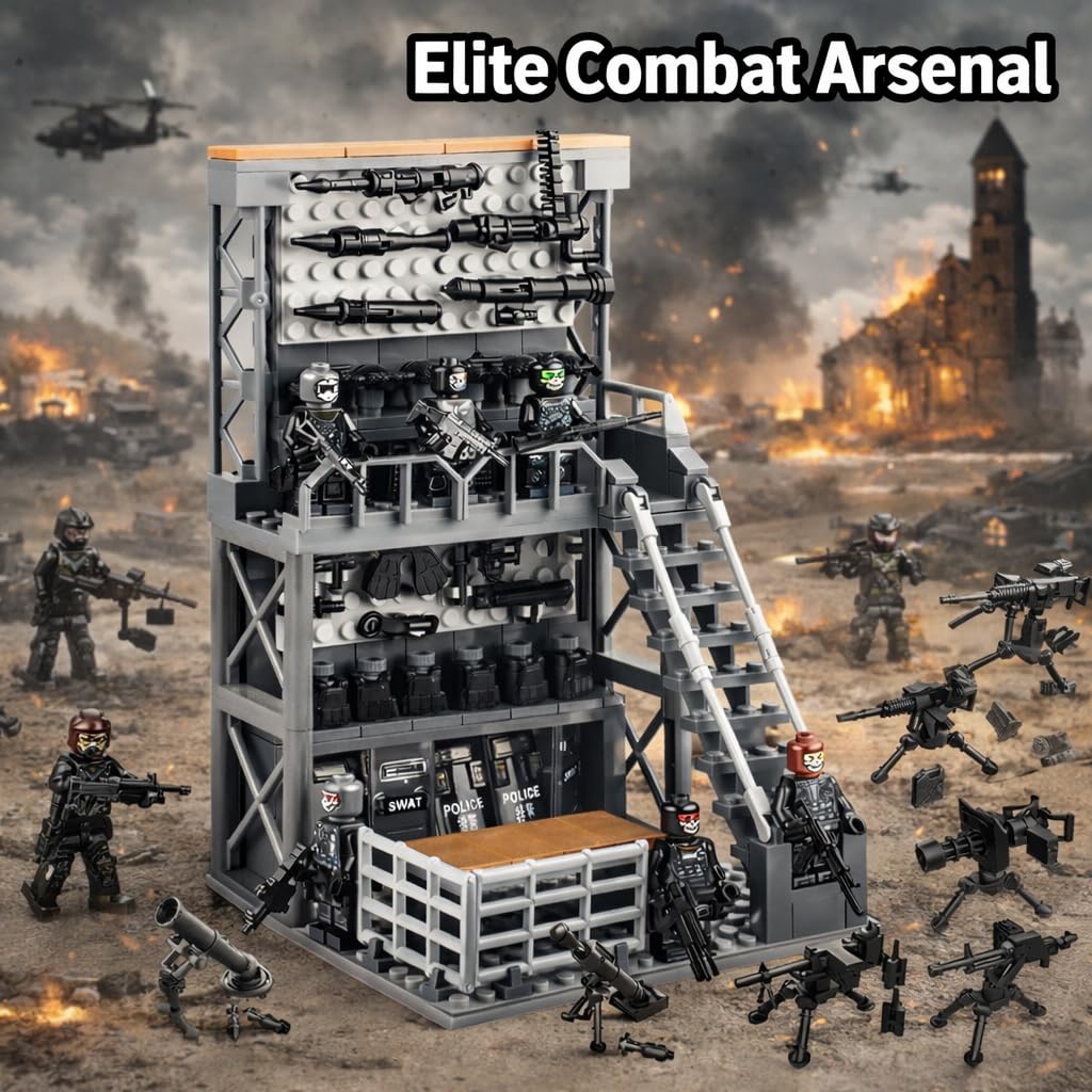 ELEFOCUS WW2 Military Base Building Blocks Set with Army Weapons Pack, SWAT Gear, Miniguns,Witch 6 Soldier Figures