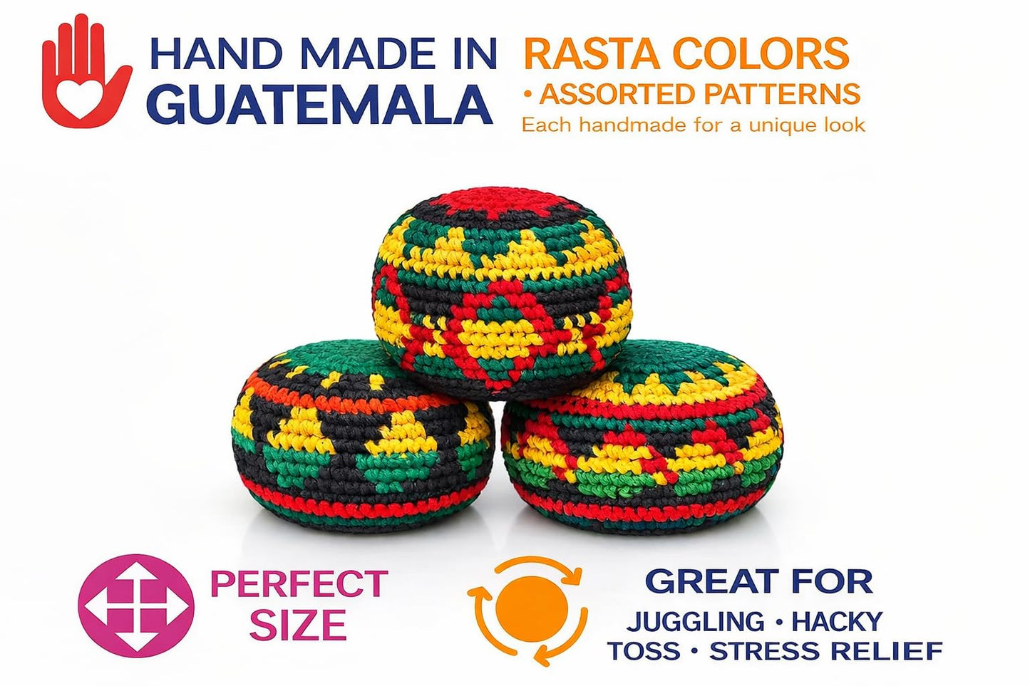 Funny Guy Mugs Footbag Balls 3 Pack Handmade Crocheted Kick Toss Balls from Guatemala Assorted Patterns Rasta