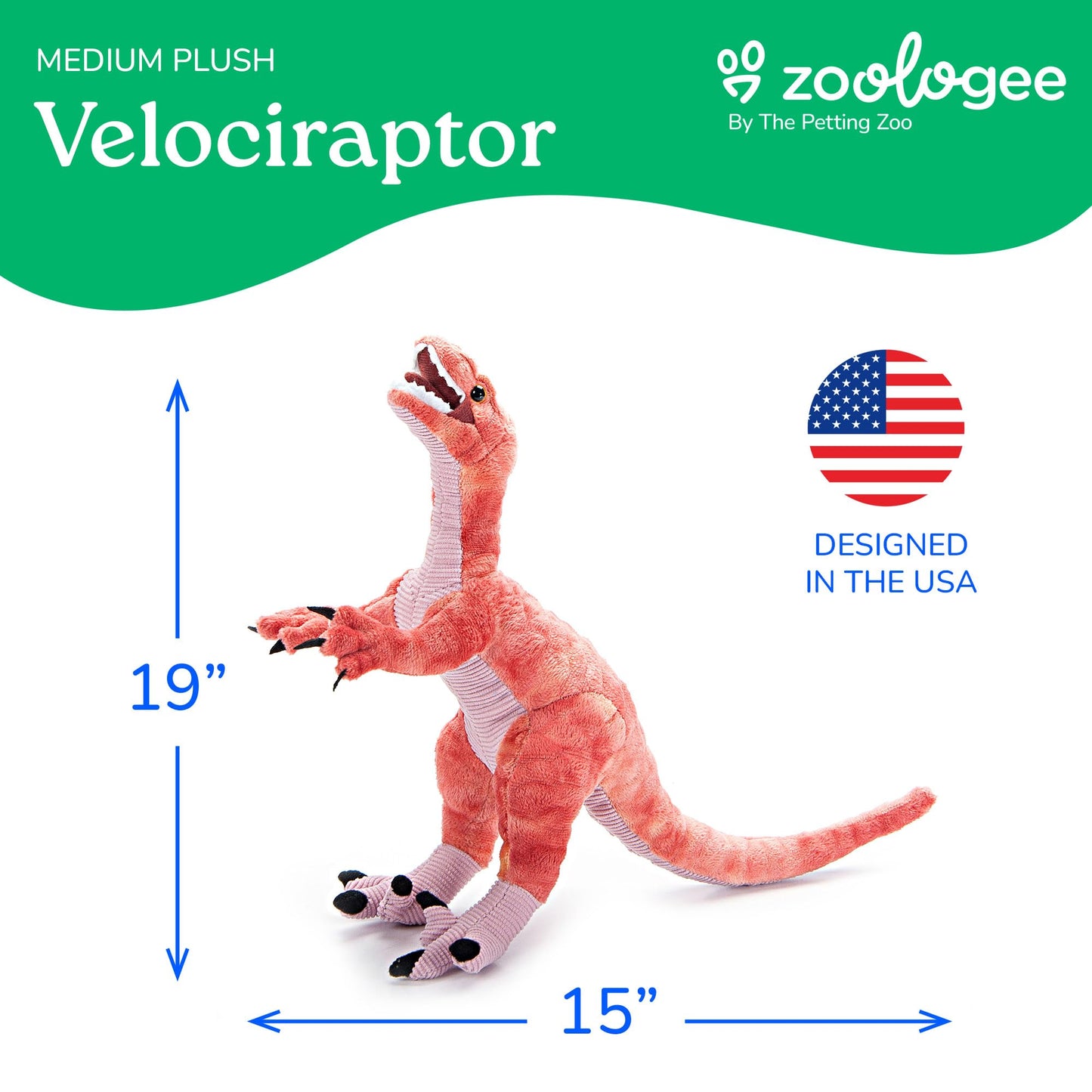 The Petting Zoo Velociraptor Stuffed Animal Plushie, Gift for Kids, Dinosaur Animals, Red Velociraptor Dinosaur Plush Toy, 19 inches
