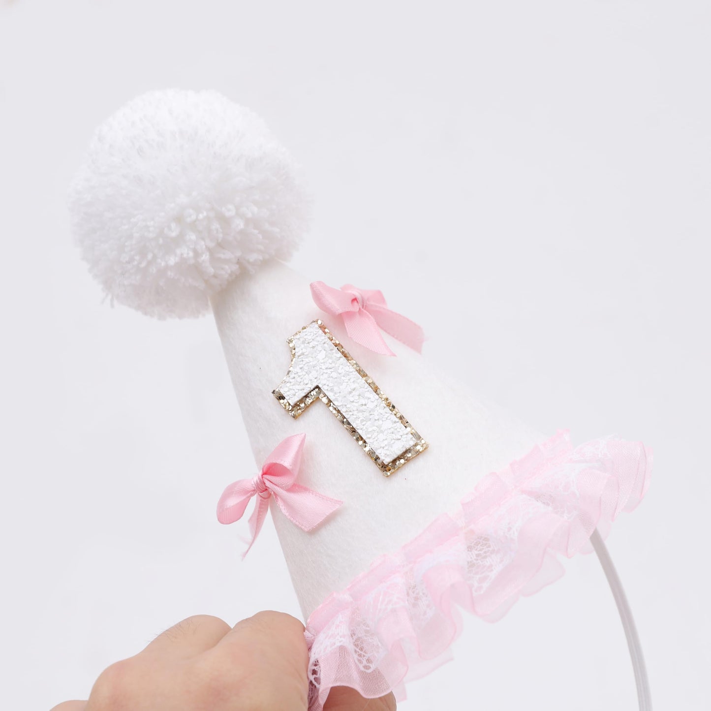 WUTKYAX Pink Bow 1st Birthday Hat - Little Princess First Birthday Decorations,White Cone Hat with Bow,Birthday Cake Smash Party Photo Props,Sweet One