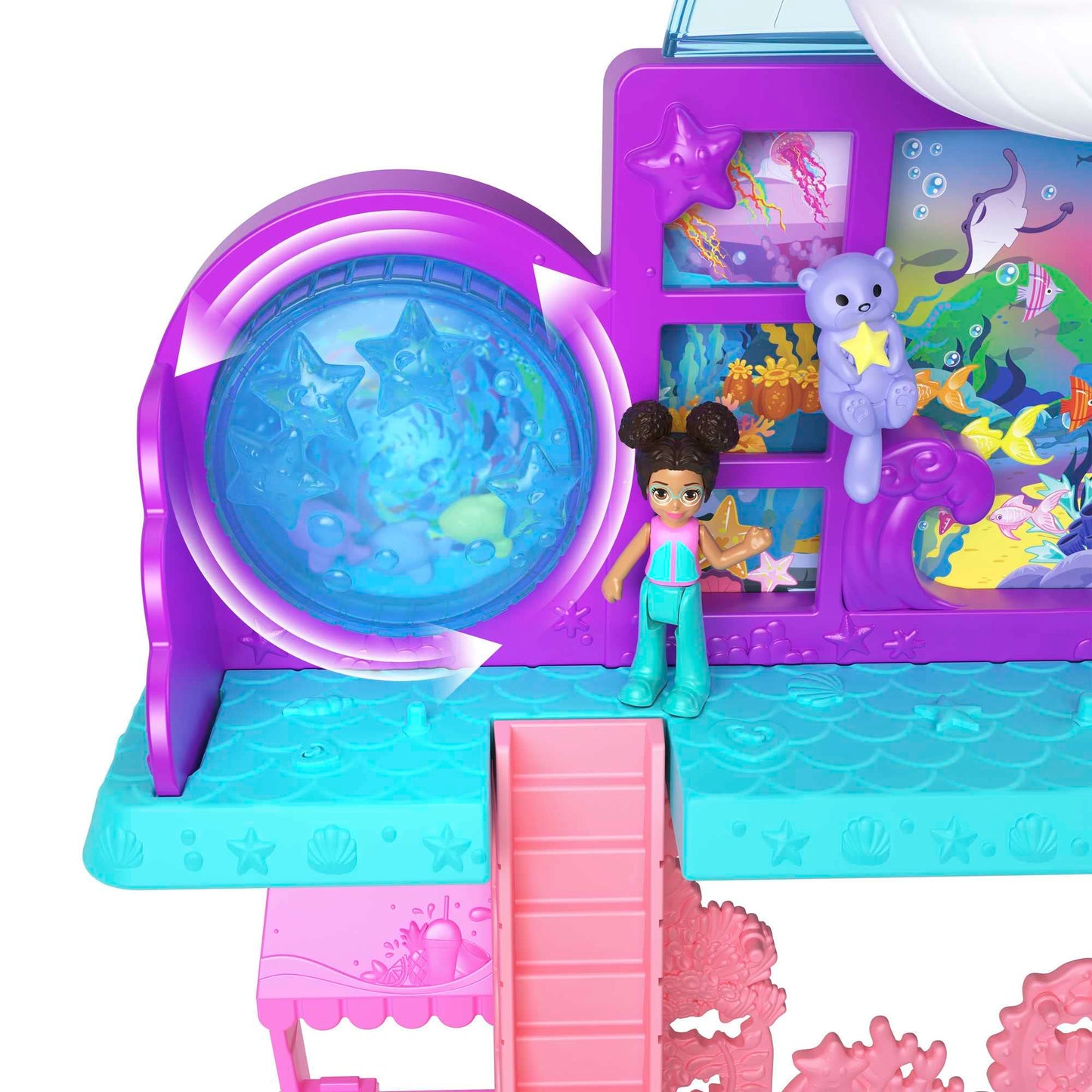 Polly Pocket Pollyville Aquarium Set With Shani, With Two Dolls, Small Car And 11 Accessories Including 8 Sea Animals, Children's Toy, From 3 Years,