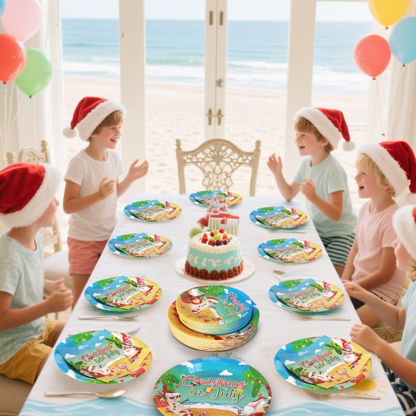 150Pcs Christmas in July Plates and Napkins - Merry Christmas Dinner Dessert Paper Plates Napkins Tableware Set for Hawaiian Beach Summer Xmas