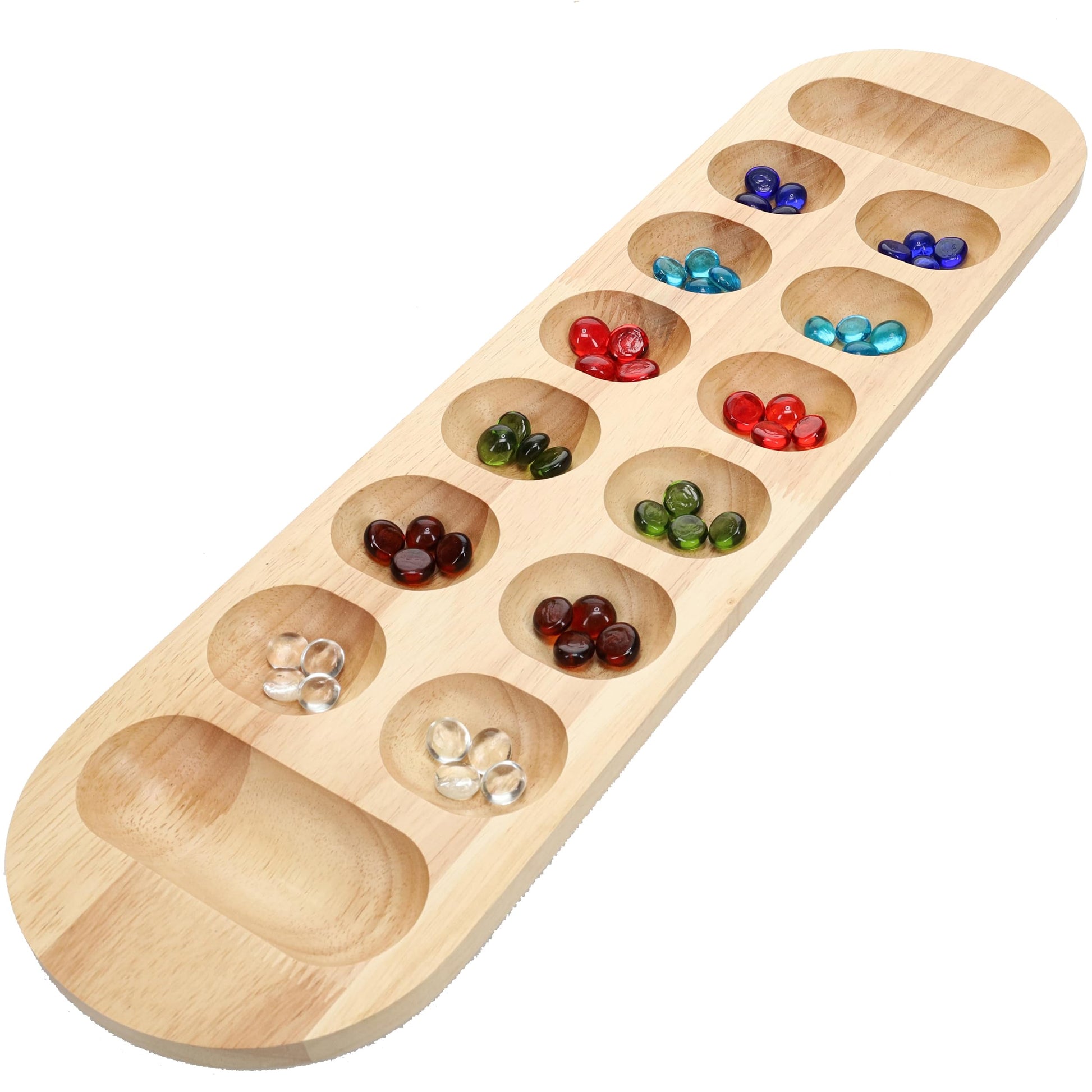WE Games Classic Mancala Board Game 22 inch, Large Natural Wood Board with Assorted Glass Mancala Stones, African Stone Game, Table Top Décor