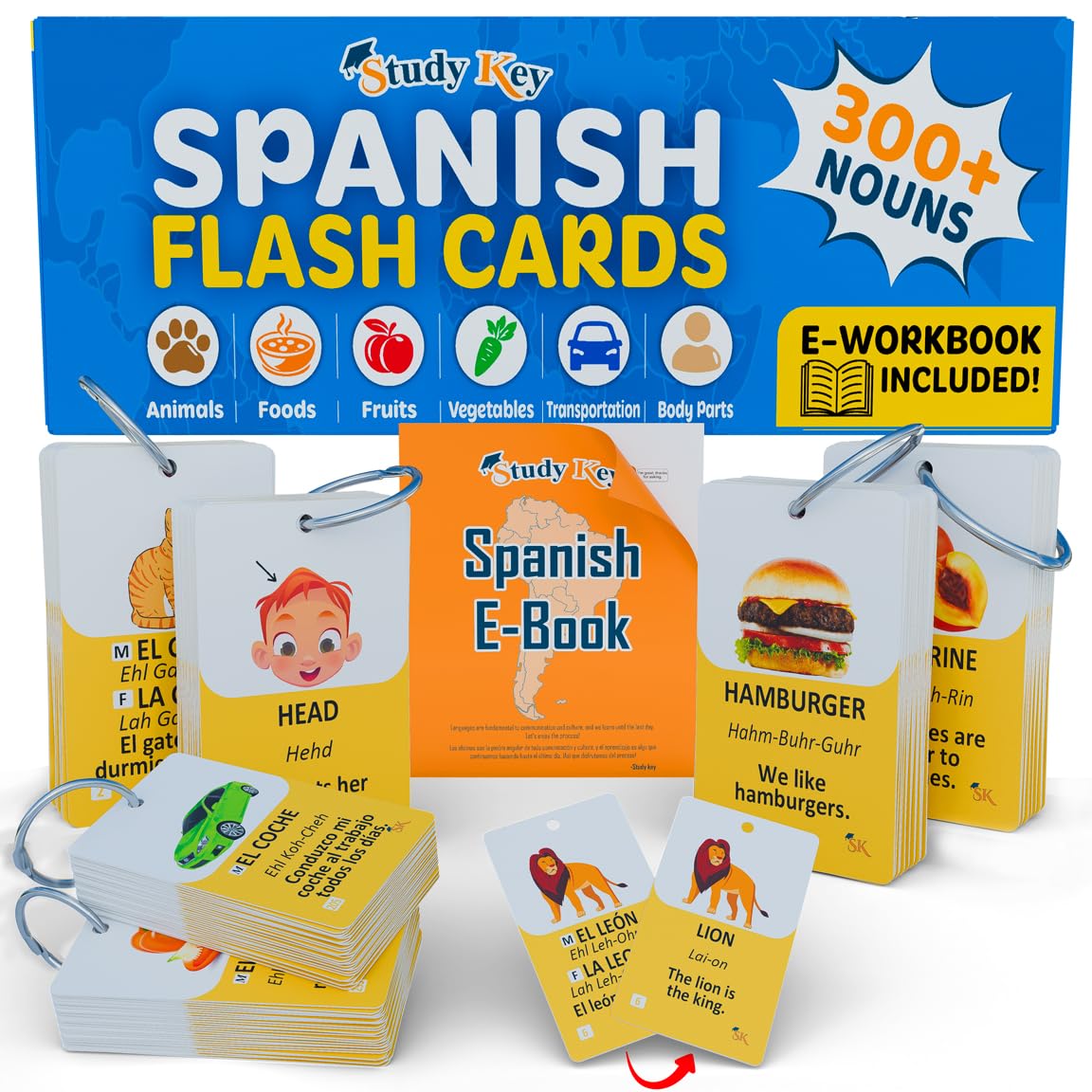 300 Bilingual English Spanish Flash Cards for Adults & Kids Ages 12+ Beginners - Noun Vocabulary with Pictures, Pronunciation, Sentences, Adult Self