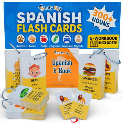 300 Bilingual English Spanish Flash Cards for Adults & Kids Ages 12+ Beginners - Noun Vocabulary with Pictures, Pronunciation, Sentences, Adult Self