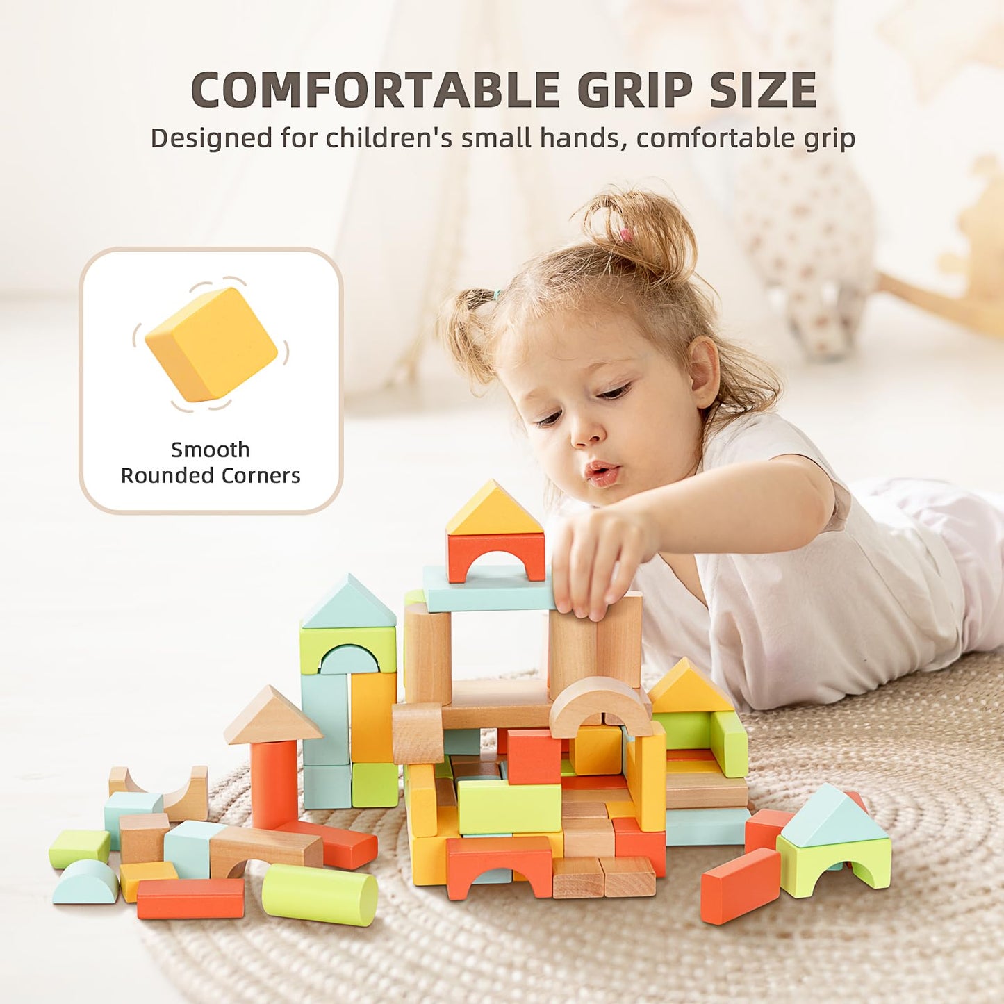 SproutSpace 100pcs Building Blocks for Toddlers 1-3, Wooden Blocks for Kids with Storage Bucket and Shape Sorter, Stacking Toys or 1 2 3 Year Old