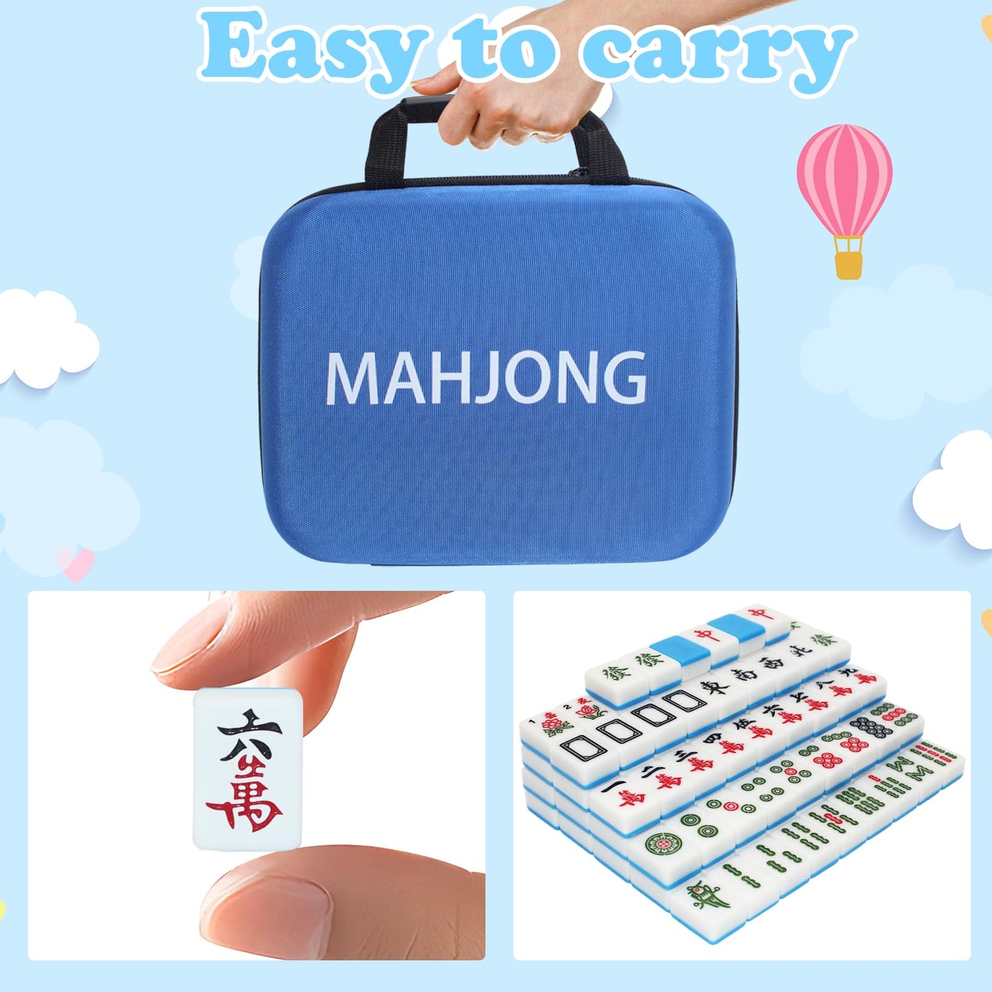 American Mahjong Game Set,Mahjong Set,Complete Mahjong Tile Set with 144 White Tiles (1.2’’),4 Tile rulers,4 dice,1 Bag,100 Chips,Instruction