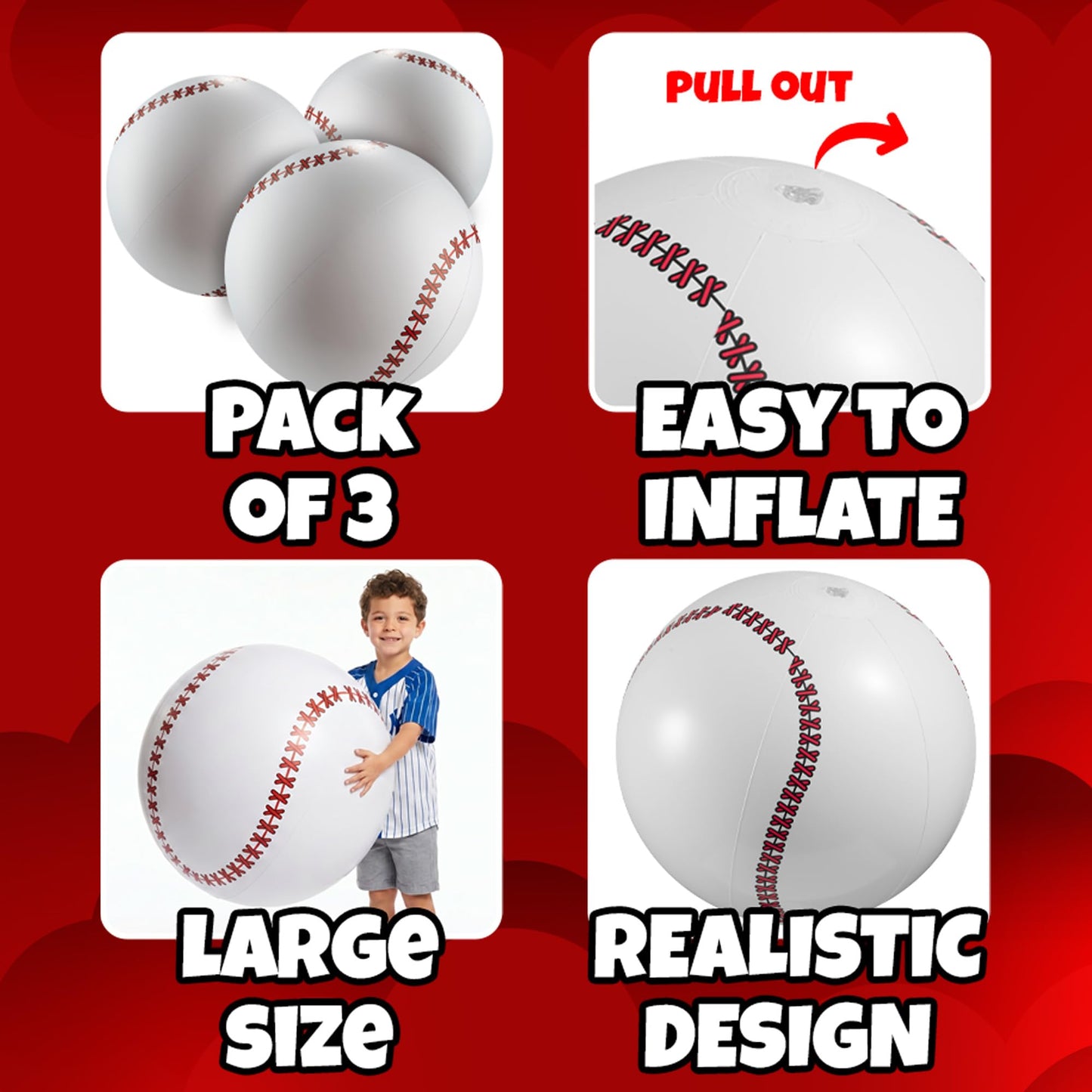 24-Inch Giant Inflatable Baseballs - Blow Up Ball Party Decoration - 3 Pack