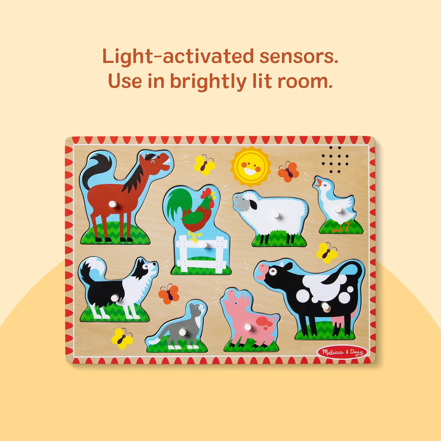 Melissa & Doug Farm Animals Sound Puzzle - 8-Piece Wooden Peg Puzzle with Light-Activated Sounds, Music Learning Toy for Toddlers and Preschoolers