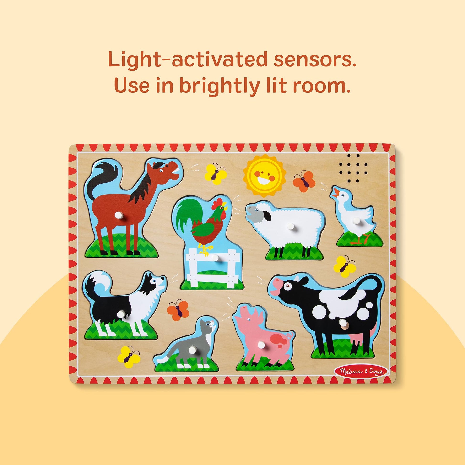 Melissa & Doug Farm Animals Sound Puzzle - 8-Piece Wooden Peg Puzzle with Light-Activated Sounds, Music Learning Toy for Toddlers and Preschoolers