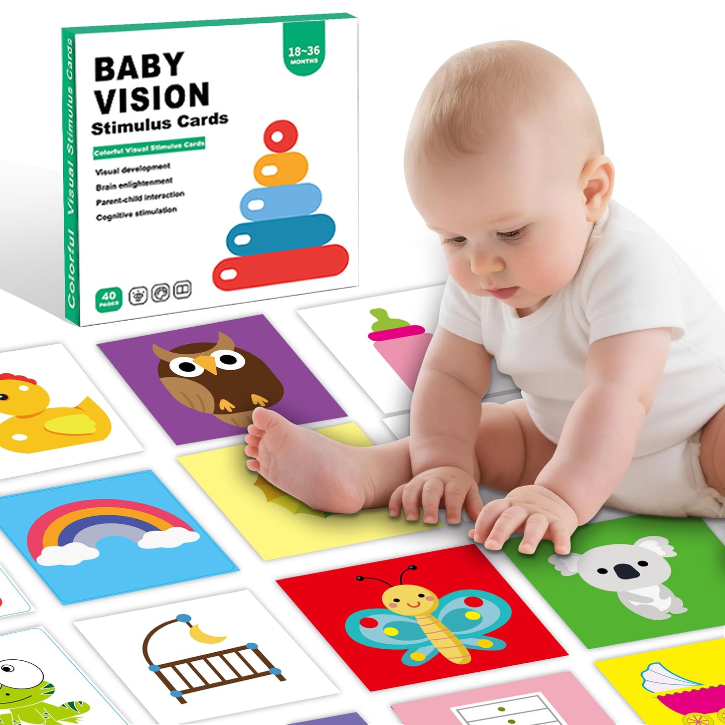 40 Pages Colorful High Contrast Baby Cards, Visual Stimulation Cards, Tummy Time Card for Babies 18-36 Months, High Contrast Card, Baby Toys