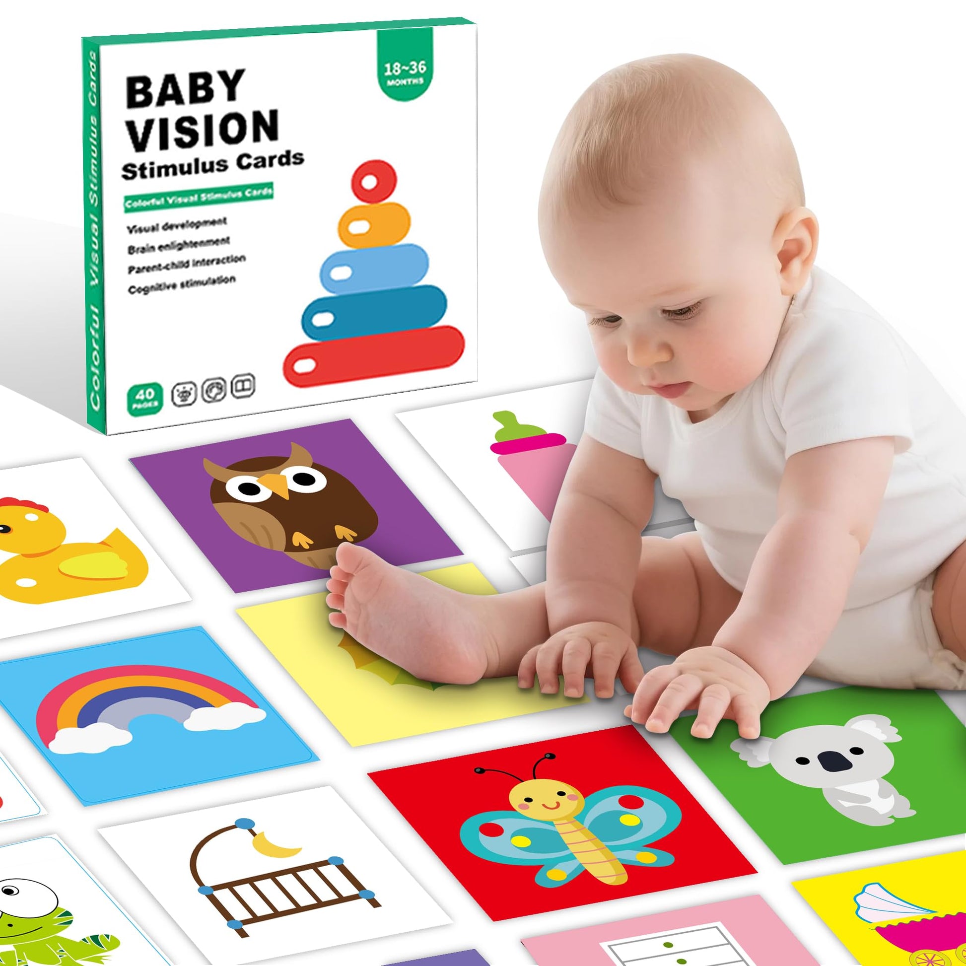 40 Pages Colorful High Contrast Baby Cards, Visual Stimulation Cards, Tummy Time Card for Babies 18-36 Months, High Contrast Card, Baby Toys