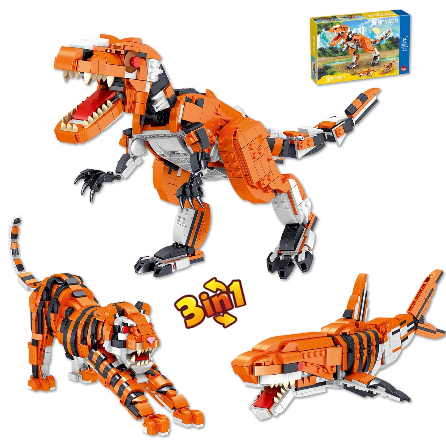 CAXIMSY Creator 3 in 1 Animal Building Block Set 1030 Pcs Transformable Dinosaur Tiger & Shark Model Kit for Adults and Teens Wildlife Figure Desktop