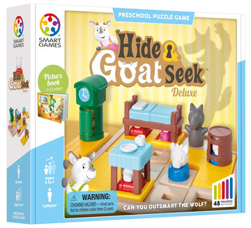 SmartGames Hide and Goat Seek - Shape-Matching Logic Puzzle with Storybook | Help 7 Goats Outsmart the Wolf | 48 Challenges | Ages 3-7