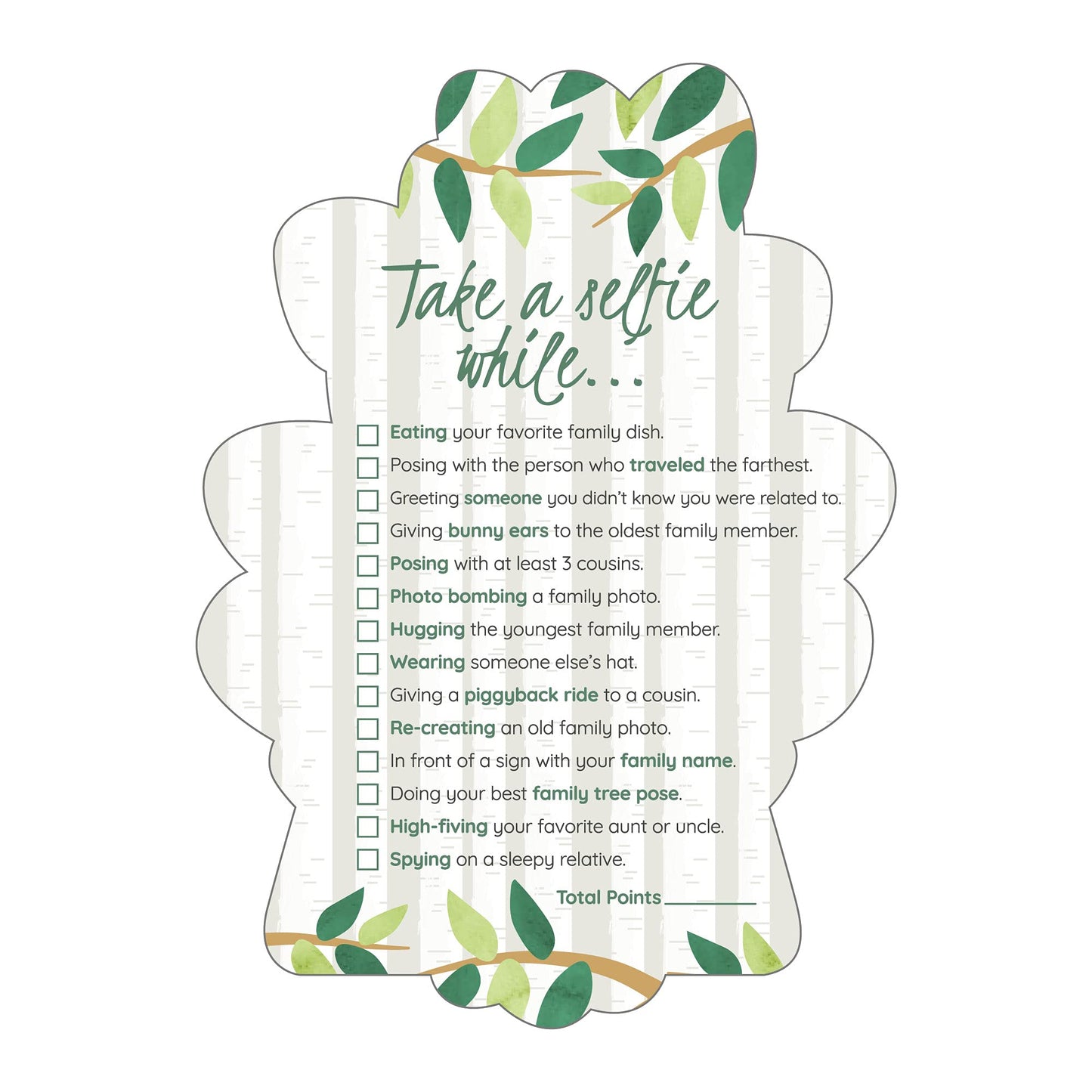 Big Dot of Happiness Tree-Shaped Family Reunion Selfie Scavenger Hunt Cards - Interactive Party Game, 12 Premium Cardstock Photo Challenge Cards