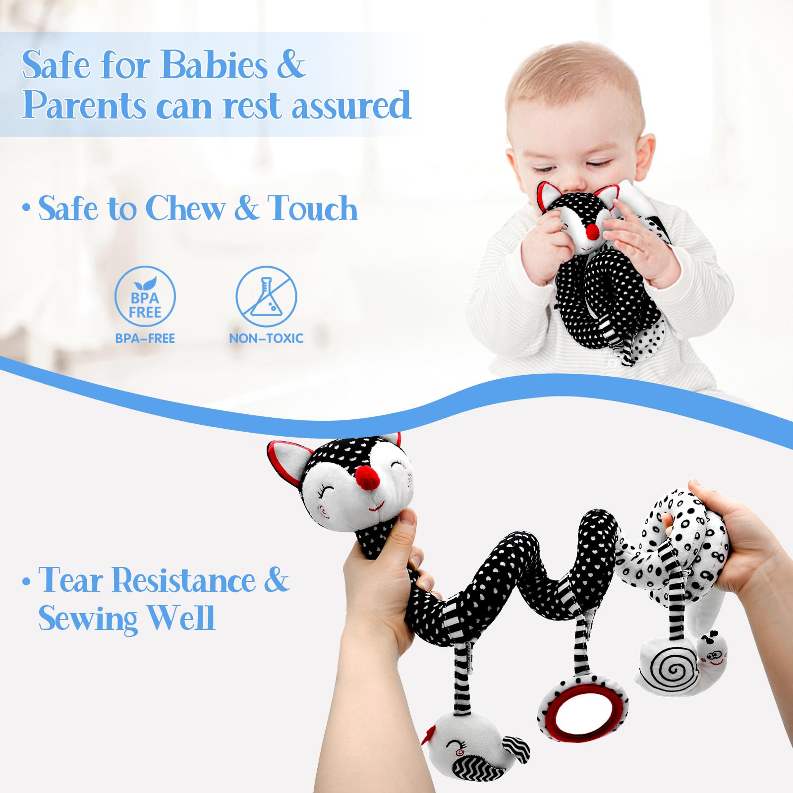 Car Seat Toys for Babies 0-6 Months Boy Girl Carseat Toys Hanging, Black and White High Contrast Baby Toy for Newborn, Baby Infant Sensory for Crib