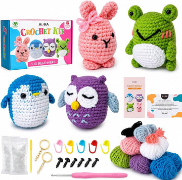 A-URA Learn to Crochet Kit for Beginners Kids and Adults, Premium 4 Animal Pattern Beginner Crochet Kits with Easy Tube Yarn & Step-by-Step Video