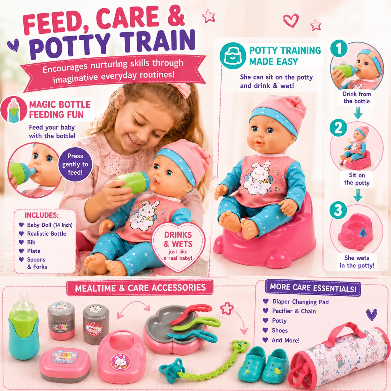 Liberty Imports Kids 18-Piece Newborn Talking Baby Doll Stroller Nursery Role Play Set w/ Playpen, Play Mat, Potty Training, Accessories (14" Doll