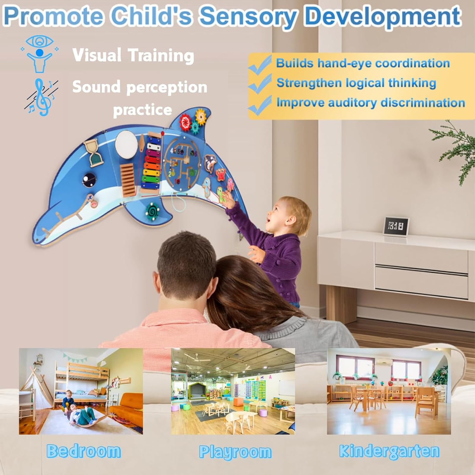 Wooden Wall Busy Board,Montessori Sensory Toy&Preschool Learning Activity Center for Boys and Girls,Promote the development of children's sensory