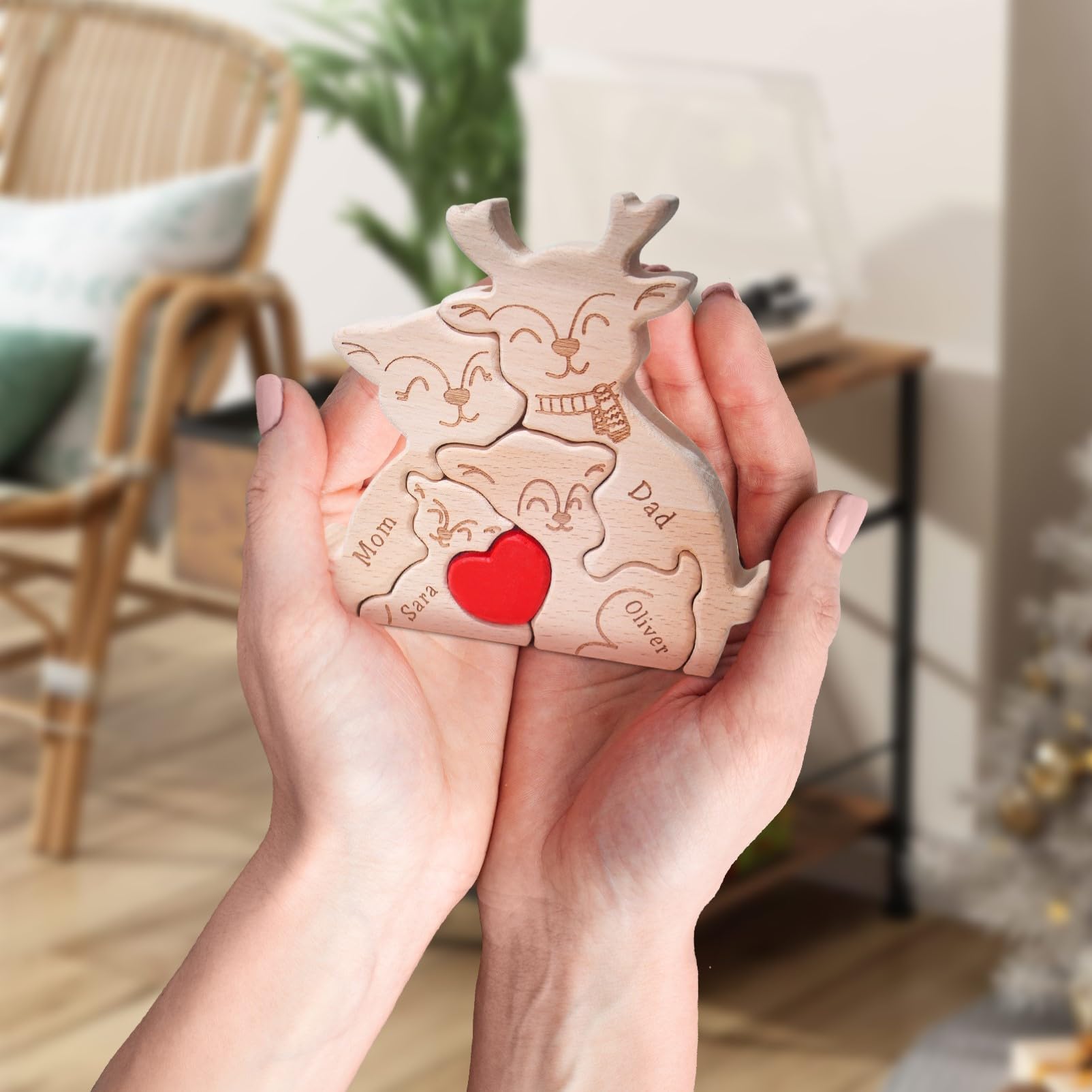 Personalized Wood Puzzles with Family Names Custom Wooden Animal Ornament for Home Decor Gifts for Mom Dad Grandparents Birthday Mother's Day