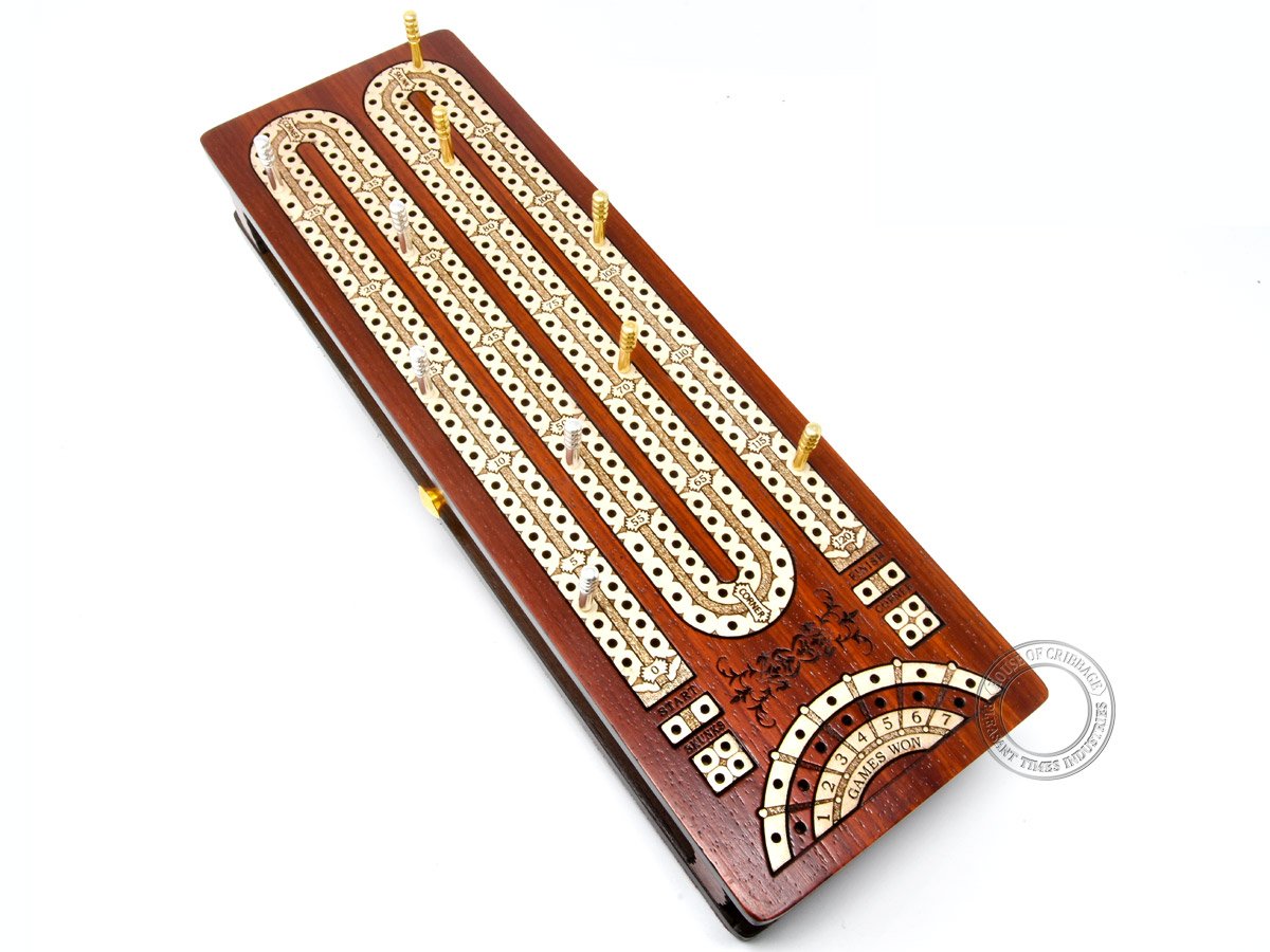 House of Cribbage - Continuous Cribbage Board/Box Inlaid in Bloodwood/Maple - 2 Track - Sliding Lid with Score Marking Fields for Skunks, Corners