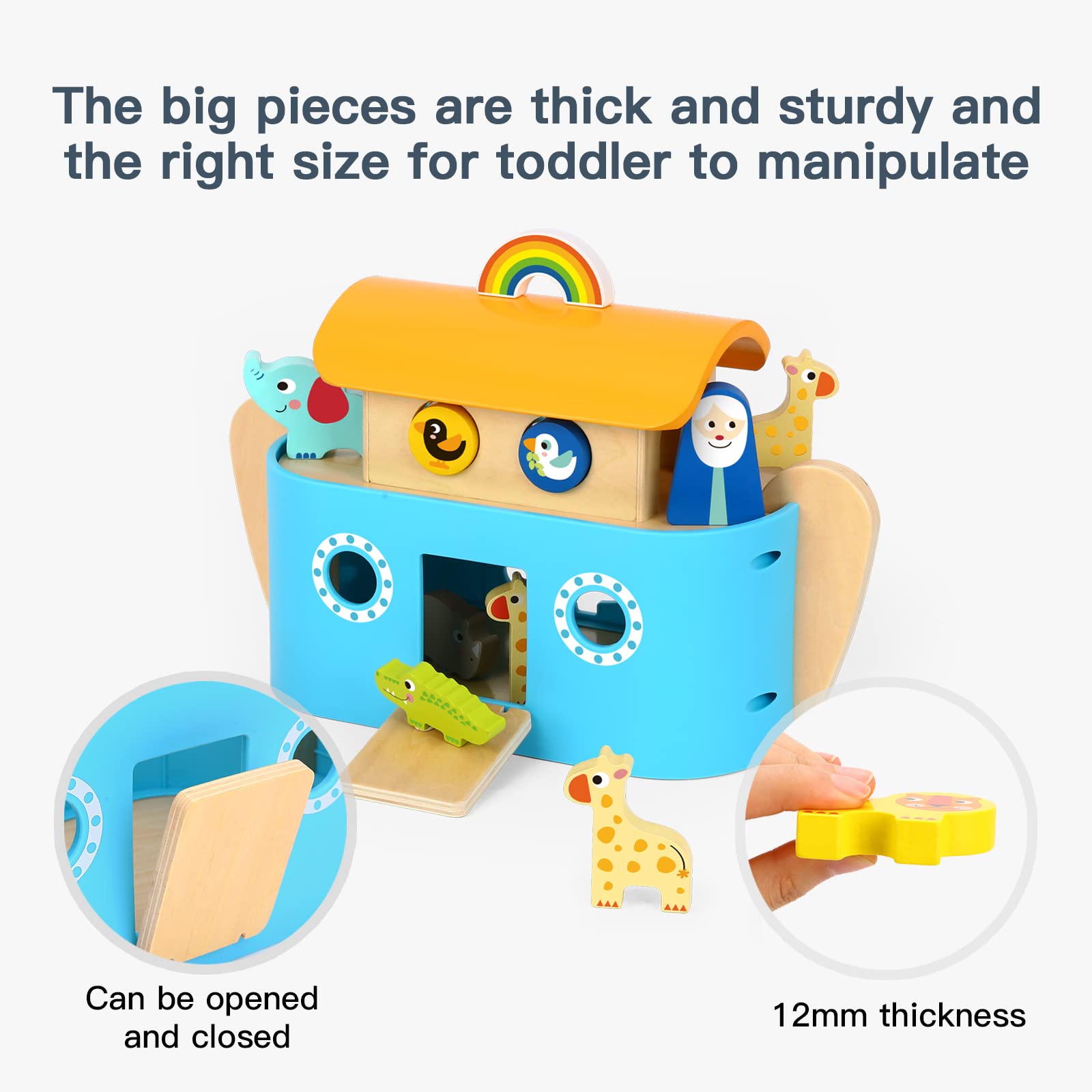 TOOKYLAND Noah's Ark Toys for Toddlers Wooden Animal Shape Sorter Toys, Baptism Gifts for Boys and Girls, Bible Story Toy with Story Book, Montessori