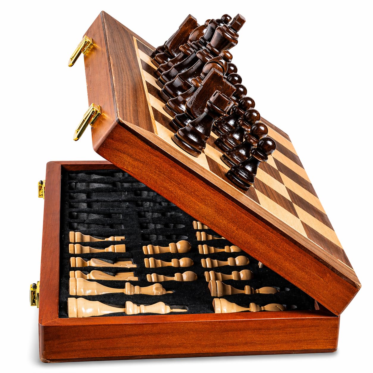 ECOCRAFTER 15'' 2 in 1 Wooden Magnetic chess and checkers set (2 Extra Queens, Foldable Chess set & Cotton Storage Bag) Magnetic Chess Sets for Adults
