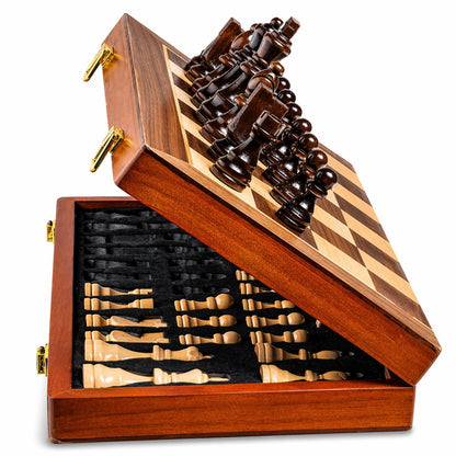 ECOCRAFTER 15'' 2 in 1 Wooden Magnetic chess and checkers set (2 Extra Queens, Foldable Chess set & Cotton Storage Bag) Magnetic Chess Sets for Adults