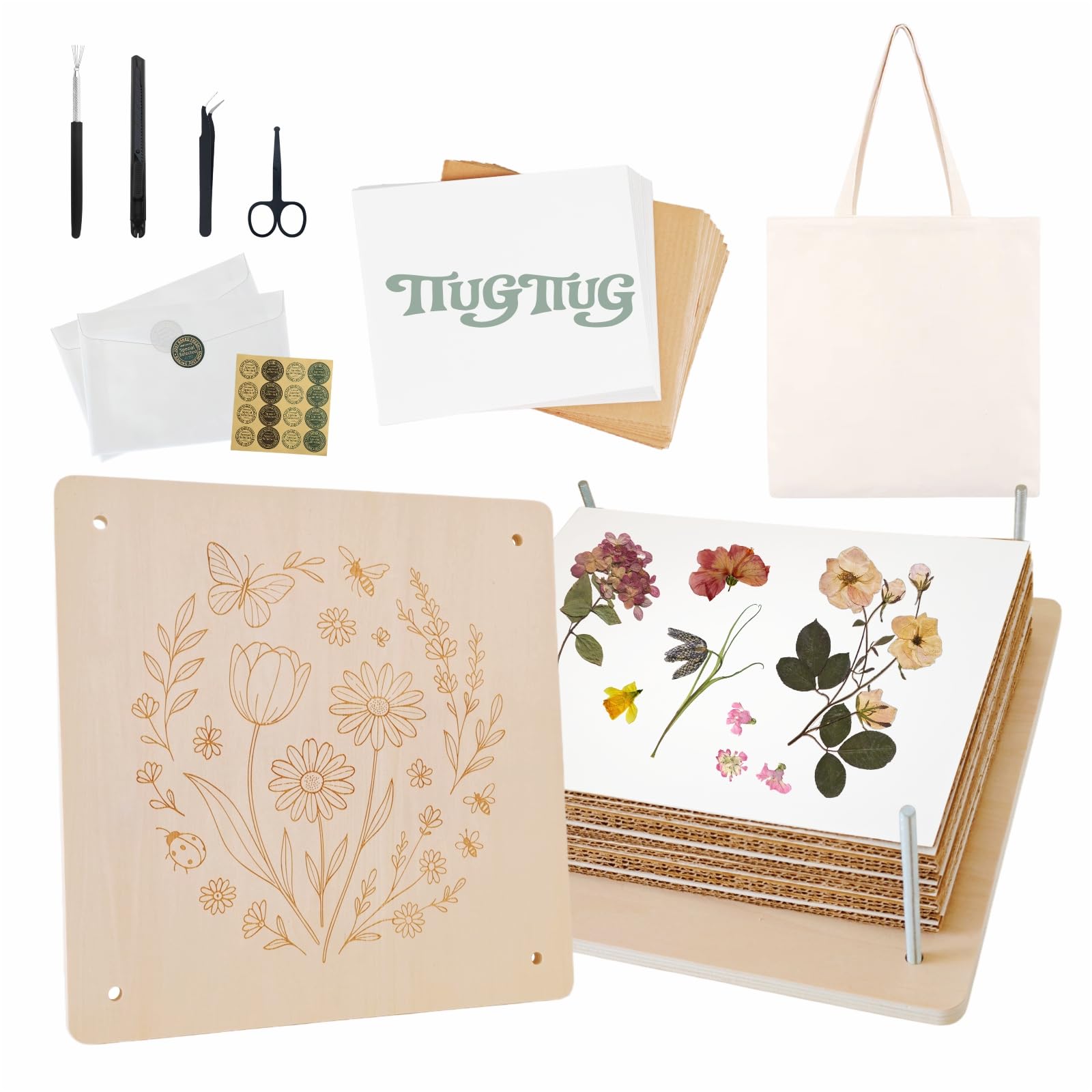 TTUGTTUG Flower Press Kit for Adults, 11" x 11" Large Wooden 10-Layer Press for DIY Floral Art, Wedding Flower Drying, Great Gift for DIY Flowers