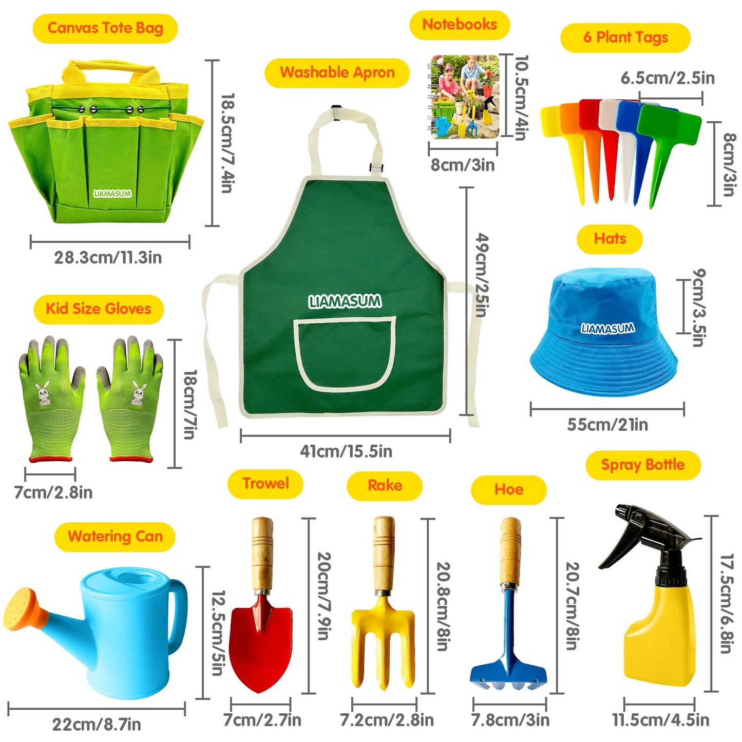 Kids Gardening Tools Set Includes Toddler Gardening Gloves, Sturdy Tote Bag, Watering Can, Shovel, Rake, Trowel, Children Apron, Garden Notebook
