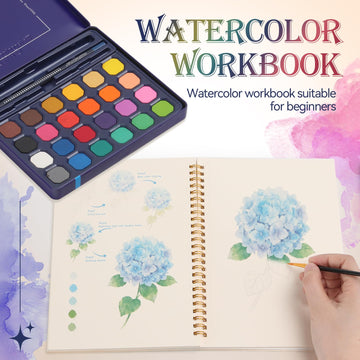 EIOLUIK Watercolor Painting Kit for Adults & Beginners: Includes Summer Beach watercolor Workbook, 16 assorted colors, 3 Brushes (with Perforated