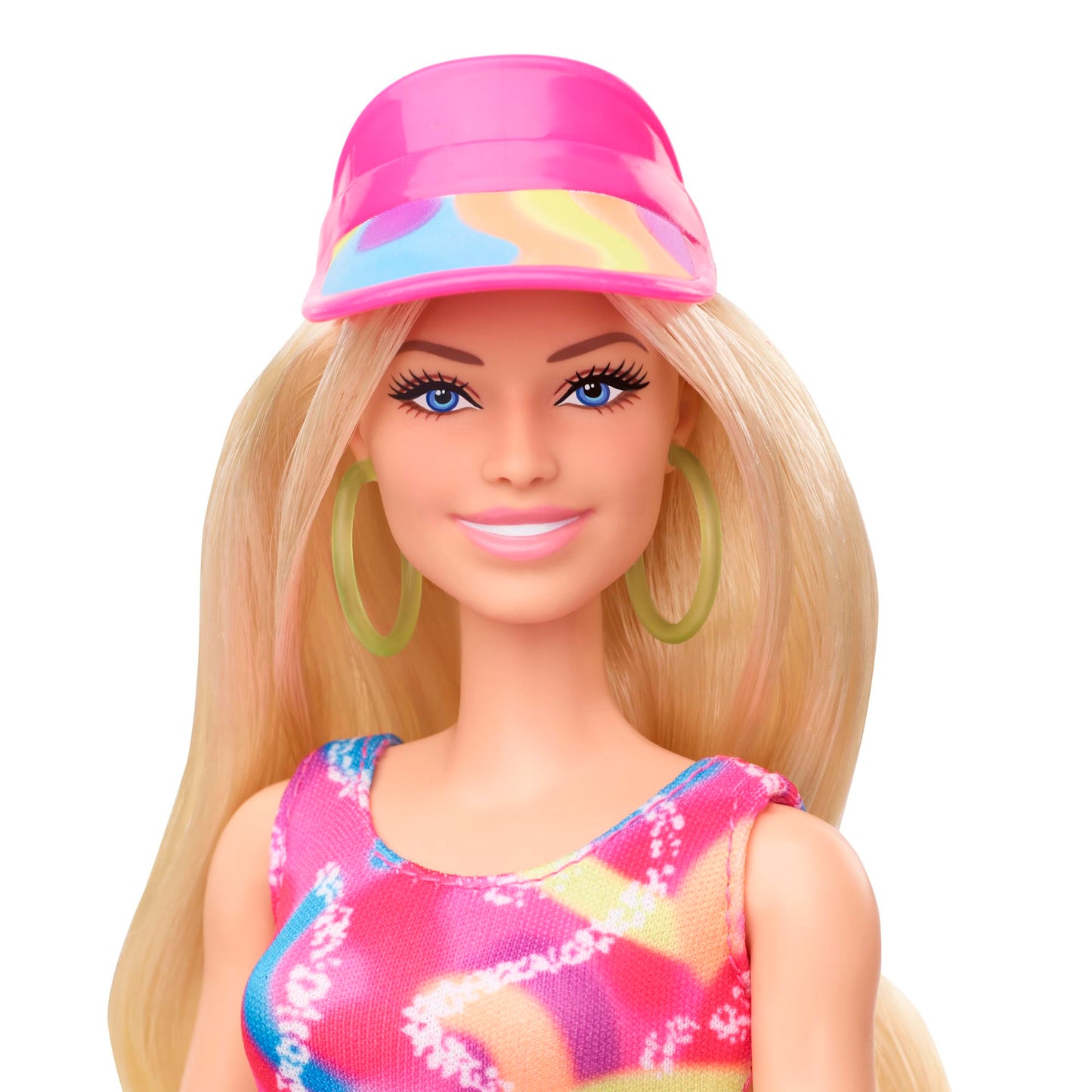 Barbie The Movie Margot Robbie - Skating Doll with Neon Outfit, Retro Gymnastics Suit, Pink Biker Shorts, Sun Shield, Neon Green Hoop Earrings