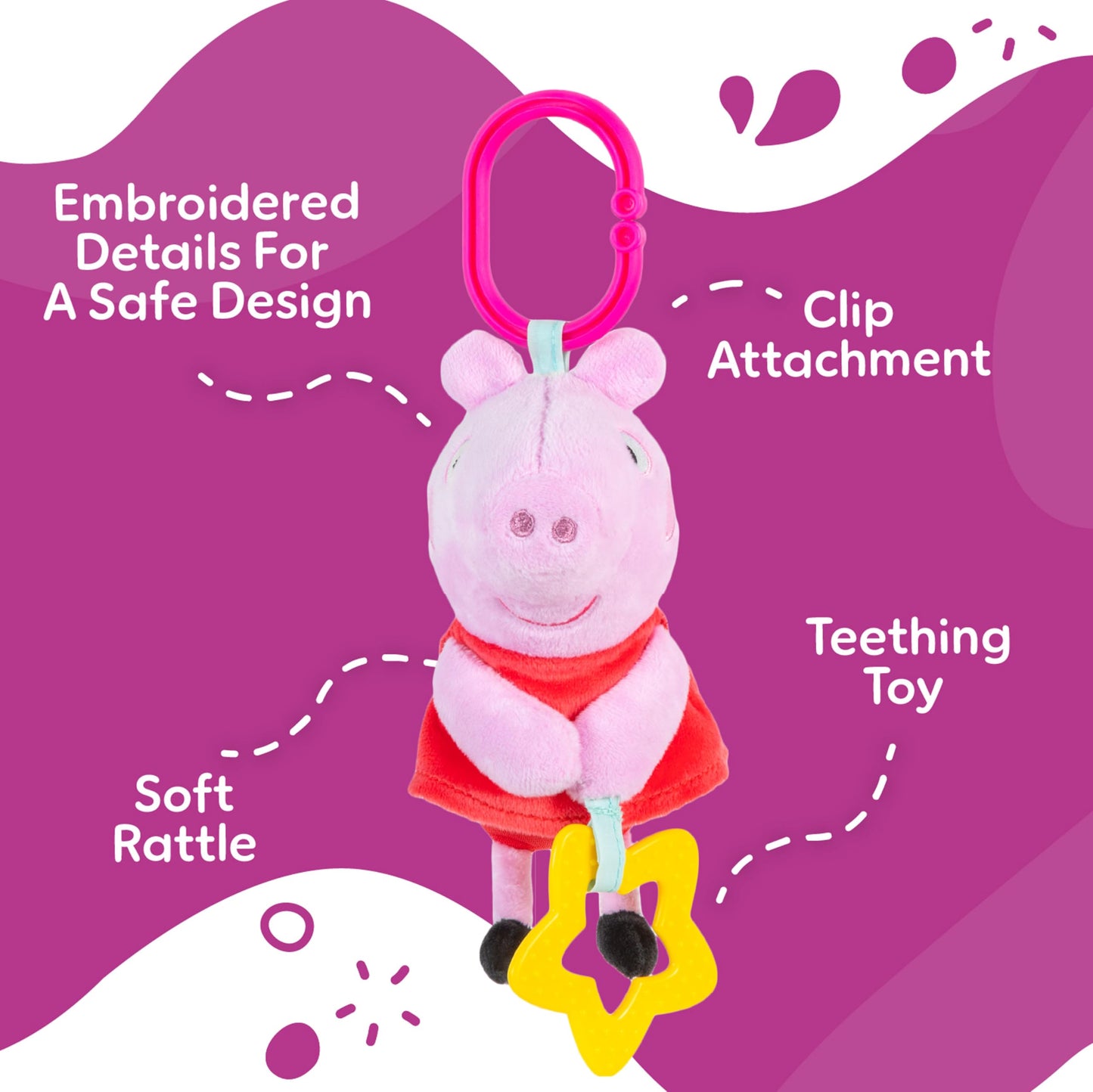 Kids Preferred Peppa Pig Take Along Activity Toy - Baby Toy, Star Teether, Rattle, Sensory Toy, 9 Inches, On-The-Go Clip, Ages 0 Months and Up