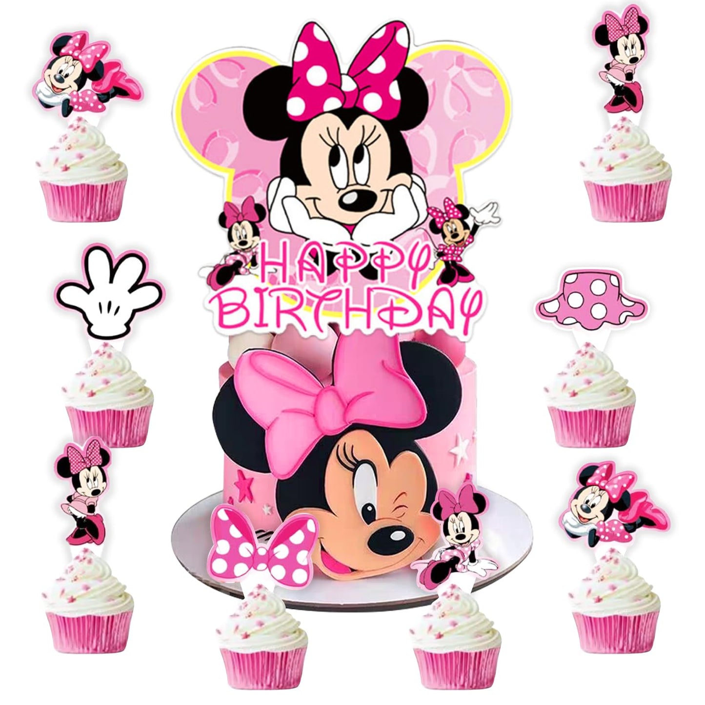 Pink Mouse Birthday Cake Topper for Girls, 25 Pcs Cute Mouse Cake Topper and Cupcake Toppers Set, Cartoon Themed Celebration Cake Decor, Perfect