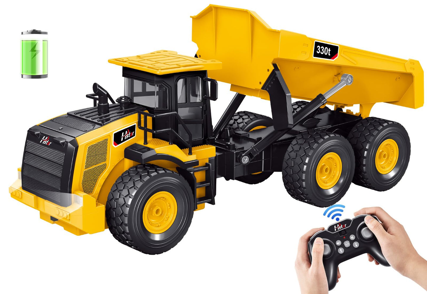 Mighty 9-Channel RC Dump Truck Toy | 1:18 Scale All-Terrain 6-Wheel Construction Vehicle with Lights & Sounds, 6 Wheels & 100-Min Battery, Remote