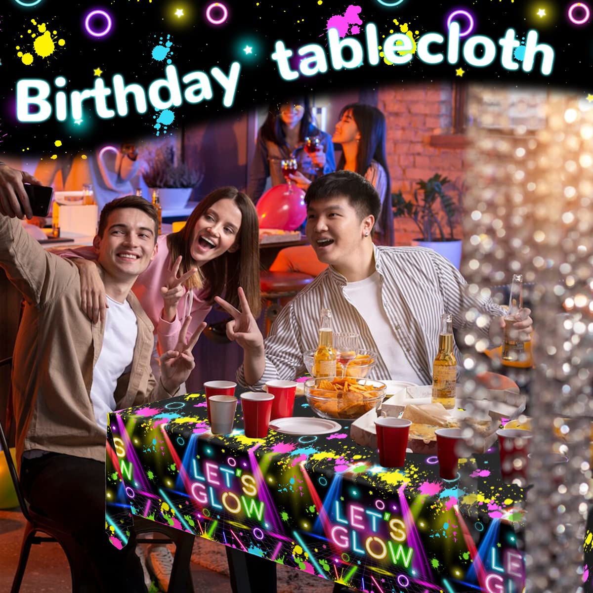 HAKOTI 3Pack Neon Tablecloth,Glow Party Supplies Neon Birthday Rectangle Table Cover Let's Glow Theme Table Decoration for Birthday Baby Shower Party