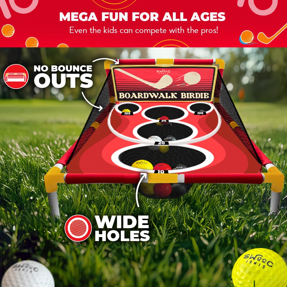 SWOOC Games - Boardwalk Birdie™ | Arcade Style Golf Game with Easy Setup & 10+ Games Included | Cornhole Golf Chipping Game | Indoor & Outdoor