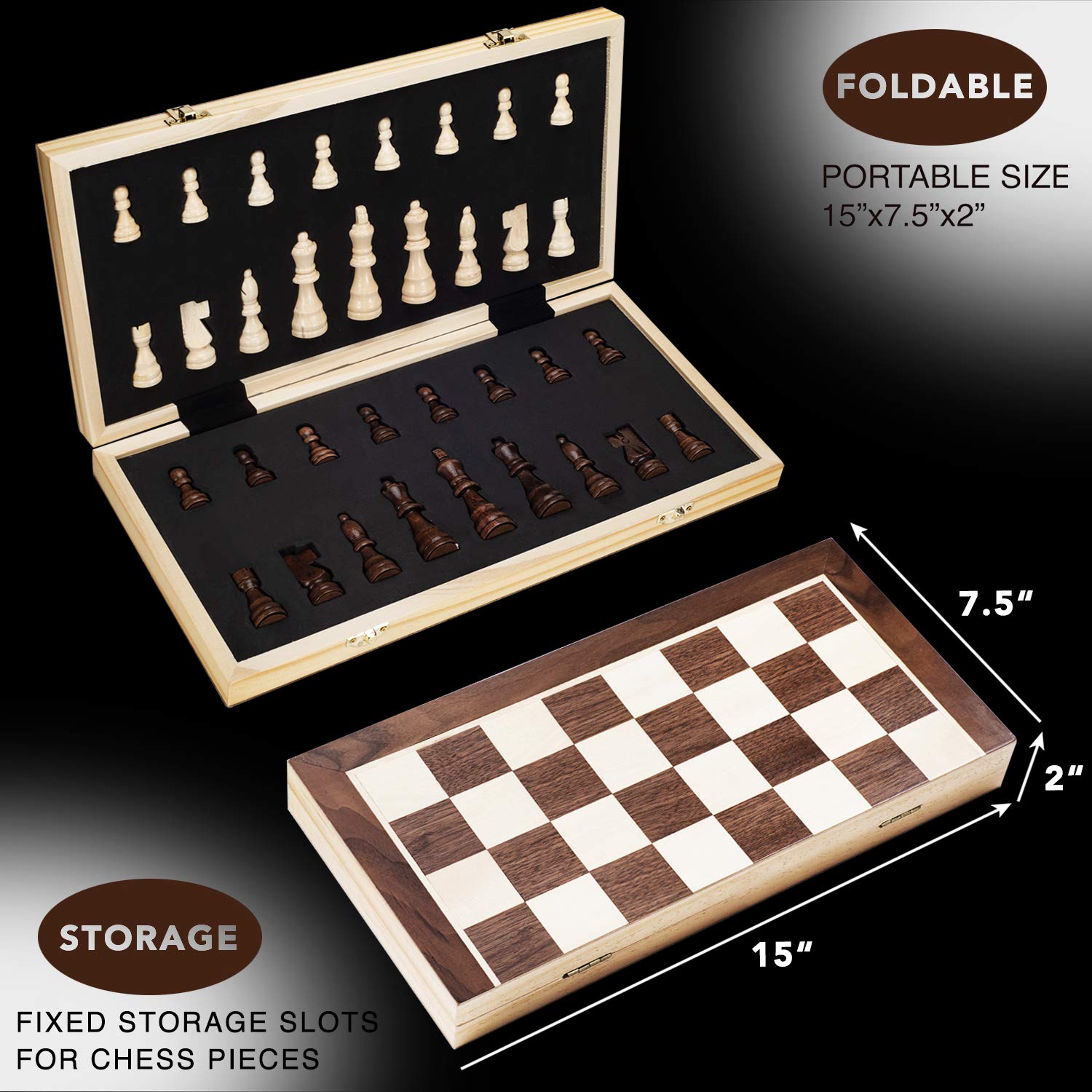 AMEROUS 15 Inches Magnetic Wooden Chess Set - 2 Extra Queens - Folding Board - Pieces Storage Slots, Handmade Portable Travel Chess Game - Beginner