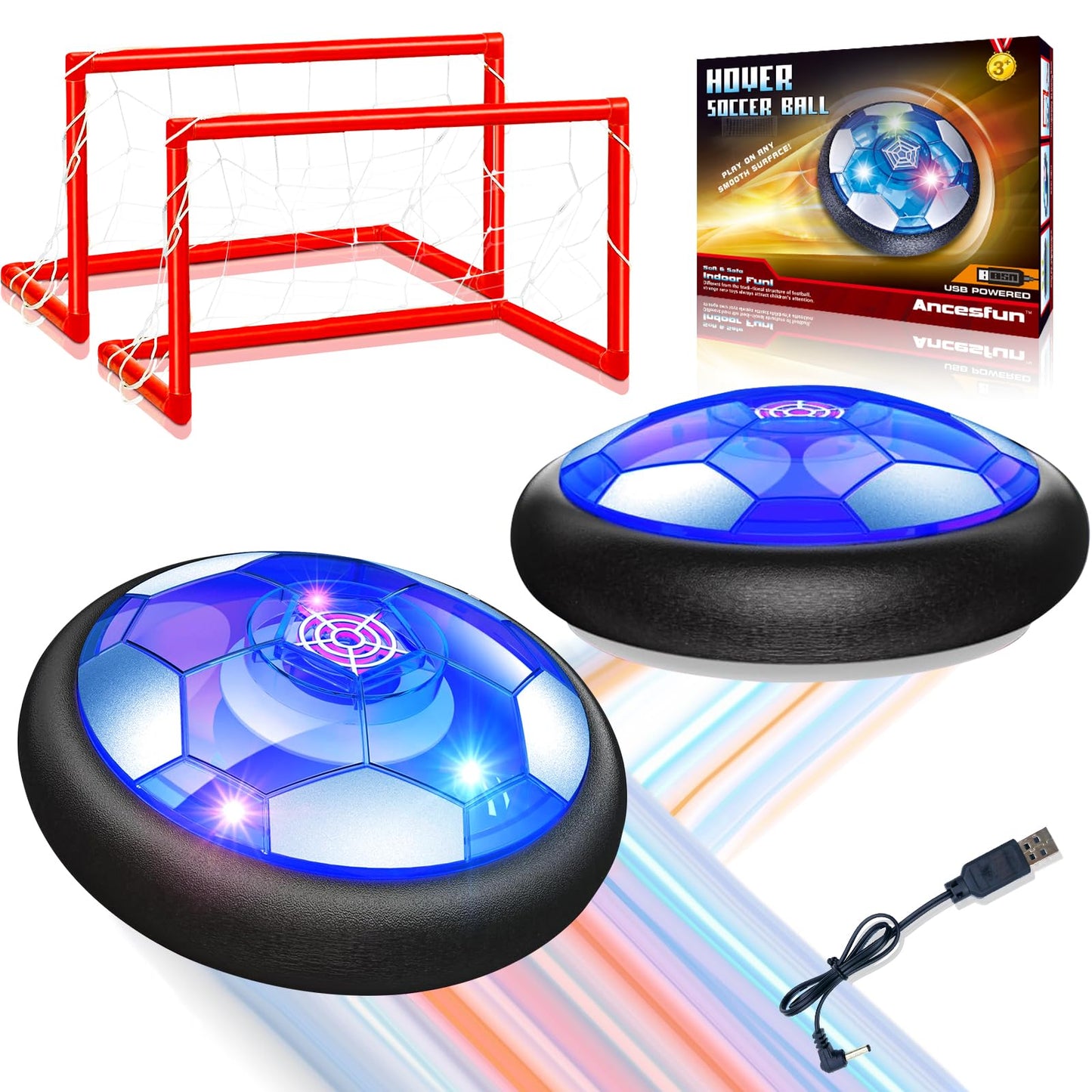 Linkowin 2 Pack Hover Soccer Ball Set with 2 Goals for Kids, LED Lights Indoor Outdoor Floating Hover Ball Toys, USB Charging Soccer Gifts for Boys