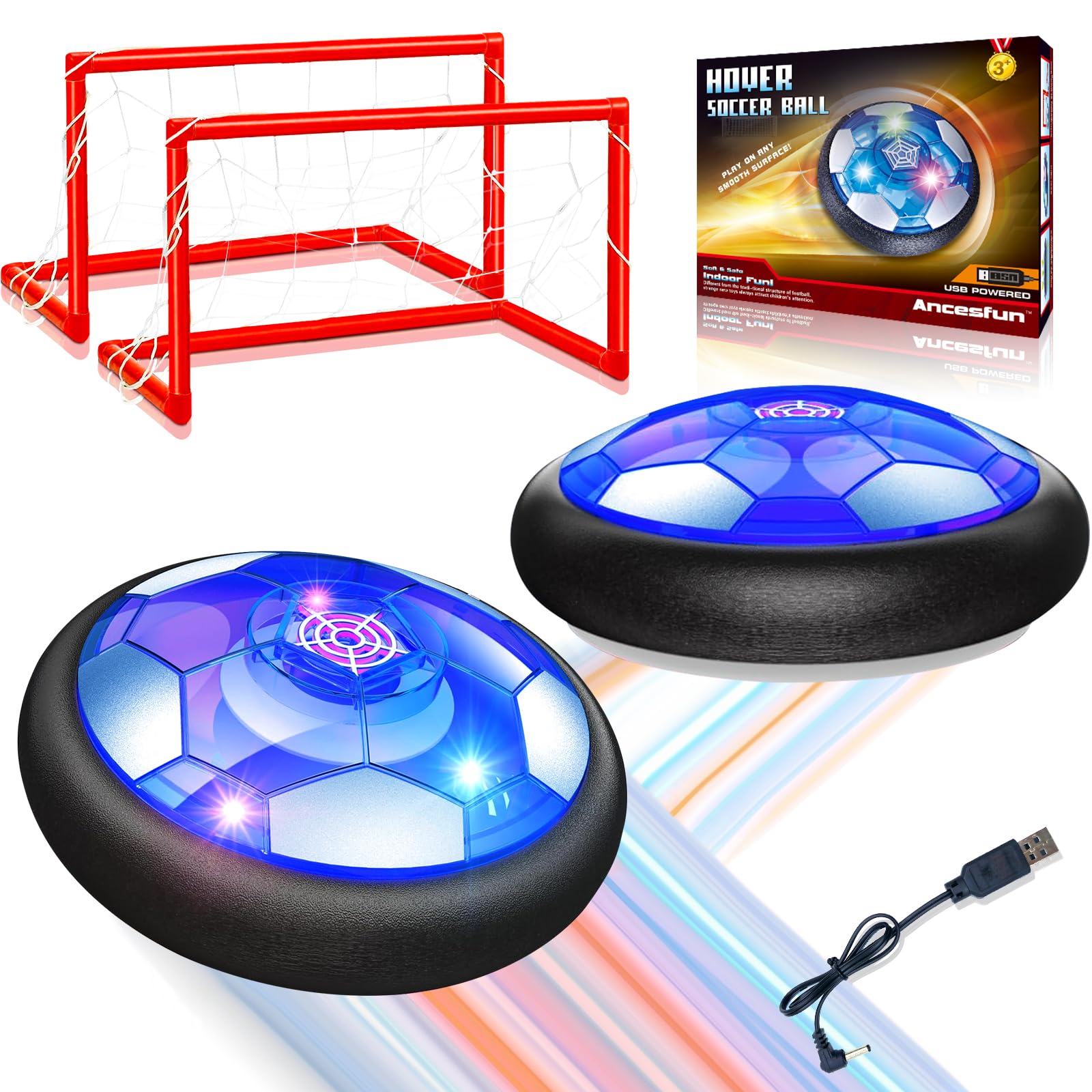 Linkowin 2 Pack Hover Soccer Ball Set with 2 Goals for Kids, LED Lights Indoor Outdoor Floating Hover Ball Toys, USB Charging Soccer Gifts for Boys