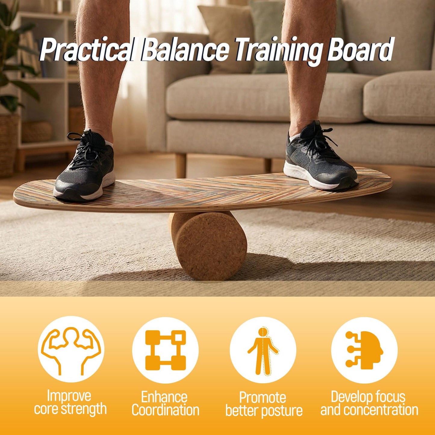 FANTASK Balance Board with 10 mm Cork Roll, Balancing Board Made of Birch Wood, FSC-Certified, 14 mm Balance Trainer, Maximum Load 100 kg, Wobble