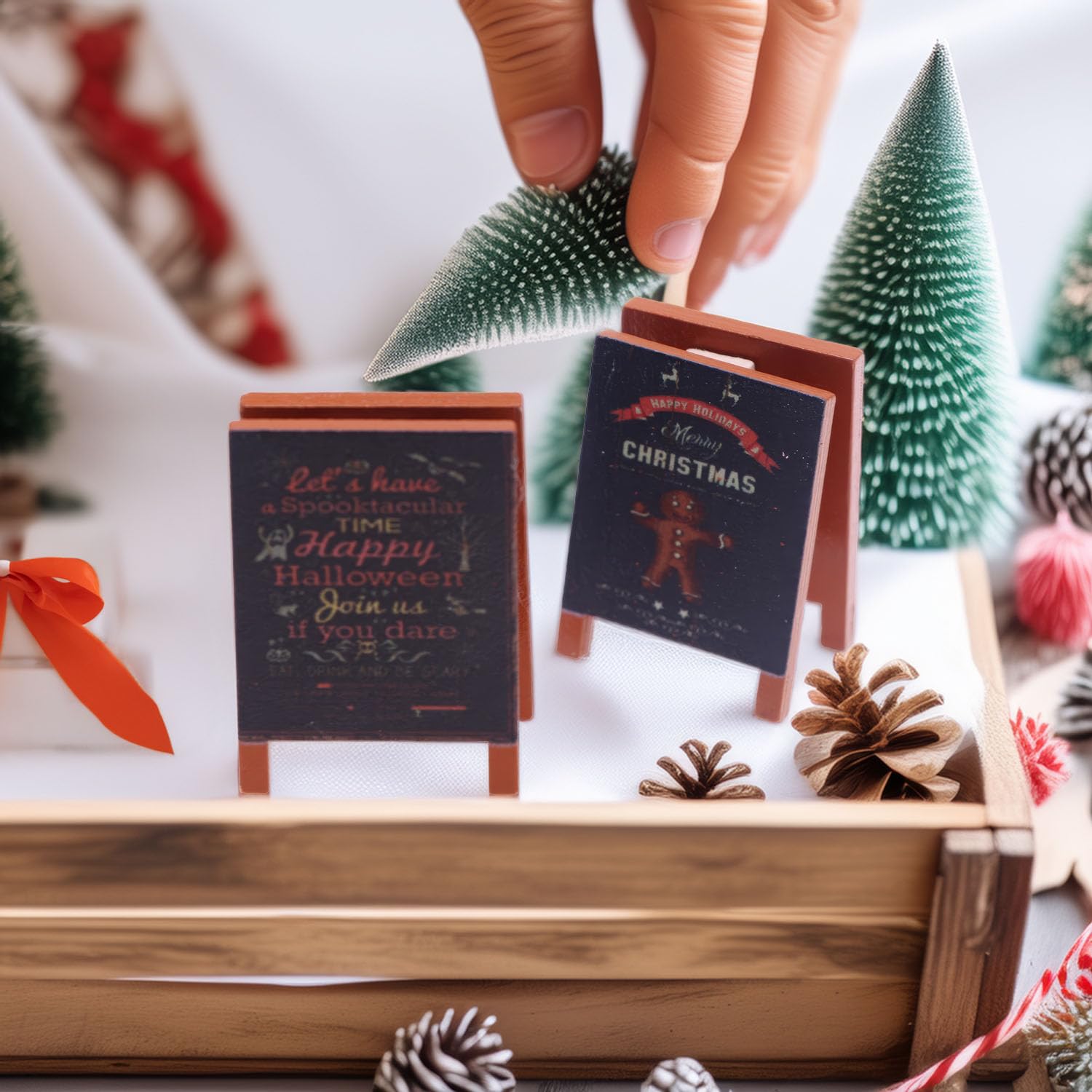 Set of 2 Miniature Holiday A-Frame Signs, Double-Sided Christmas or Halloween Wood Signboards for 1:12 Scale Dollhouse, Festive Decor for Tiered Tray