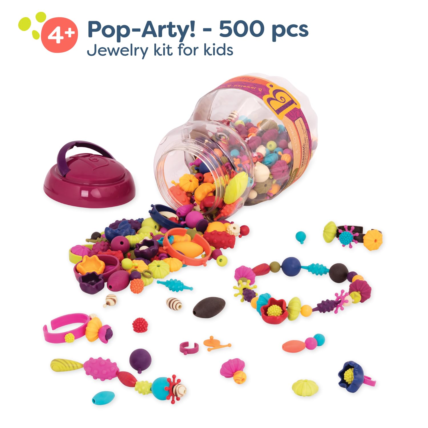 B. toys - Pop Arty! 500 Pieces - Jewlery Making Kit - Creative Pop Snap Bead Set for Kids - DIY Craft Jewelry Making Kit - Necklaces, Rings, Bracelets