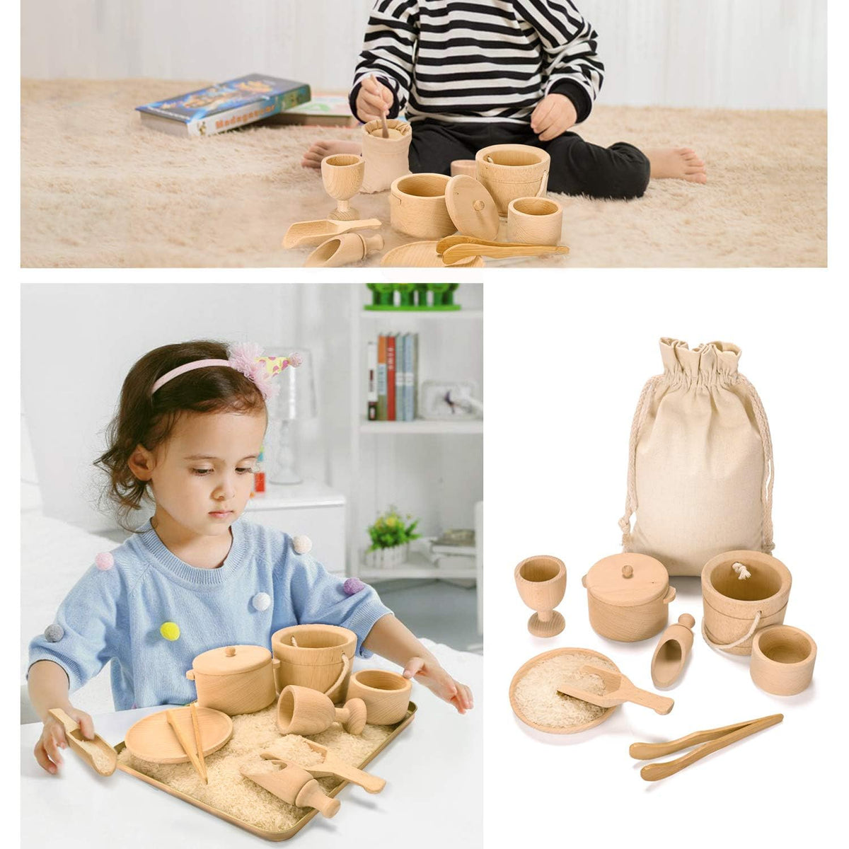 MONT PLEASANT Montessori Toys Sensory Bin Toys for Toddlers Set of 9 Wooden Waldorf Toys Wooden Scoops and Tongs for Transfer Work and Fine Motor