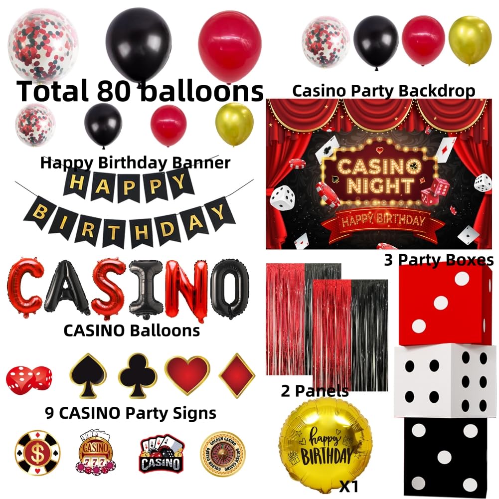 Casino Theme Party Decoration Las Vegas Birthday Party Dino Casino Night Poker Party Supplies Set for Adults Include Balloon Garland Kit, Casino