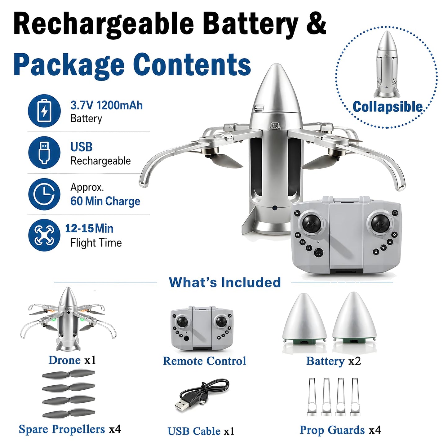 HTURCCOP Remote Control Rocket Drone for Kids, Foldable RC Aircraft Toy with Mist Spray, 2.4GHz Easy Flying Toy with 2 Rechargeable Batteries, Outdoor