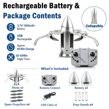 HTURCCOP Remote Control Rocket Drone for Kids, Foldable RC Aircraft Toy with Mist Spray, 2.4GHz Easy Flying Toy with 2 Rechargeable Batteries, Outdoor