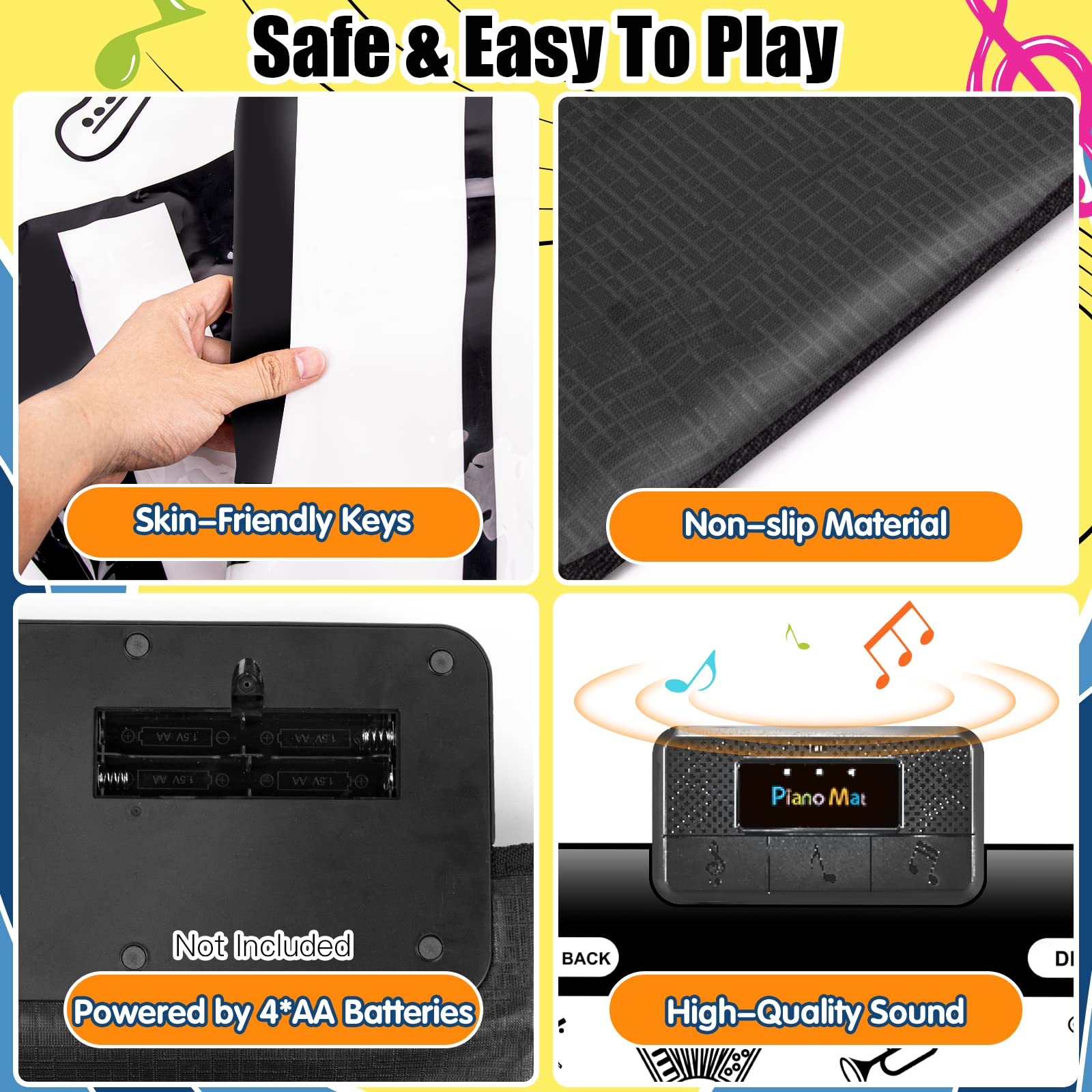 TWFRIC 6ft. Piano Mat with 24 Keys & 10 Demos & 8 Musical Instruments Sounds & 4 Play Modes, Giant Dance Floor Piano Music Play Mat 71'' Large